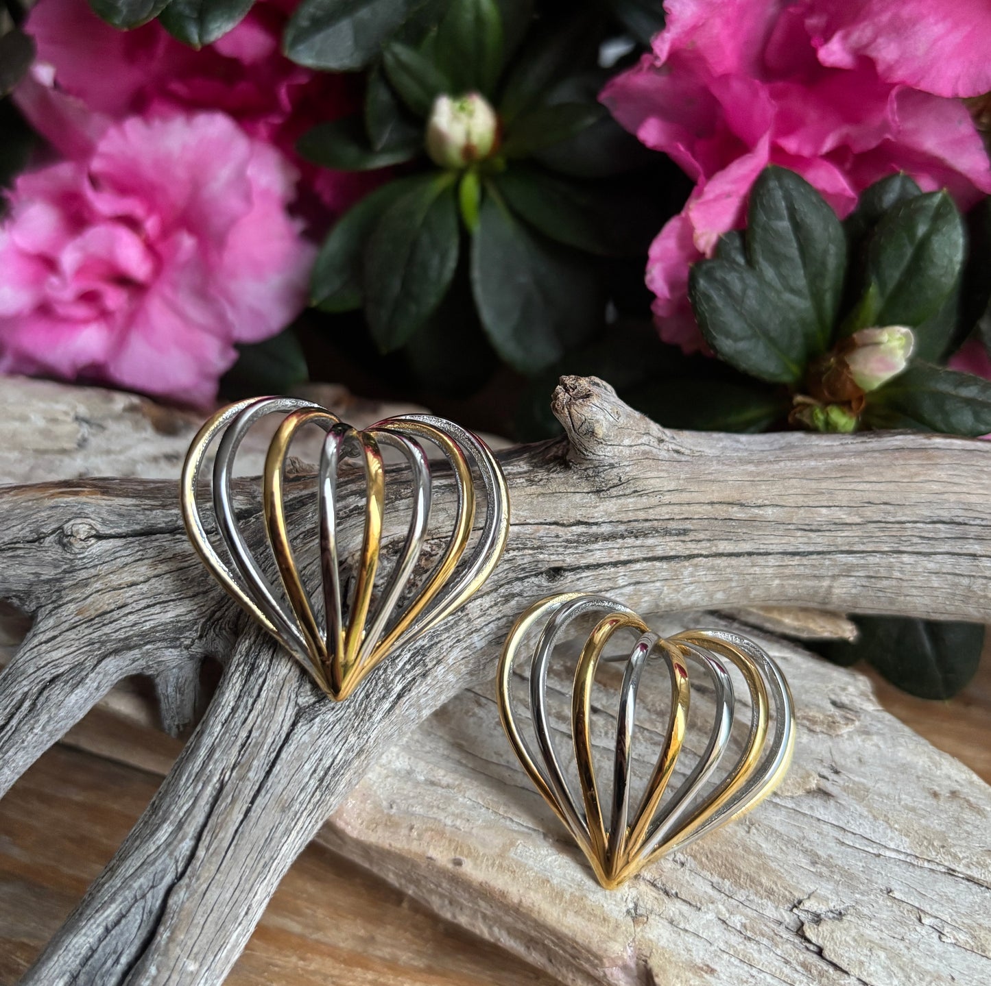 18ct Gold Plated Two-Tone Heart Cage Earrings