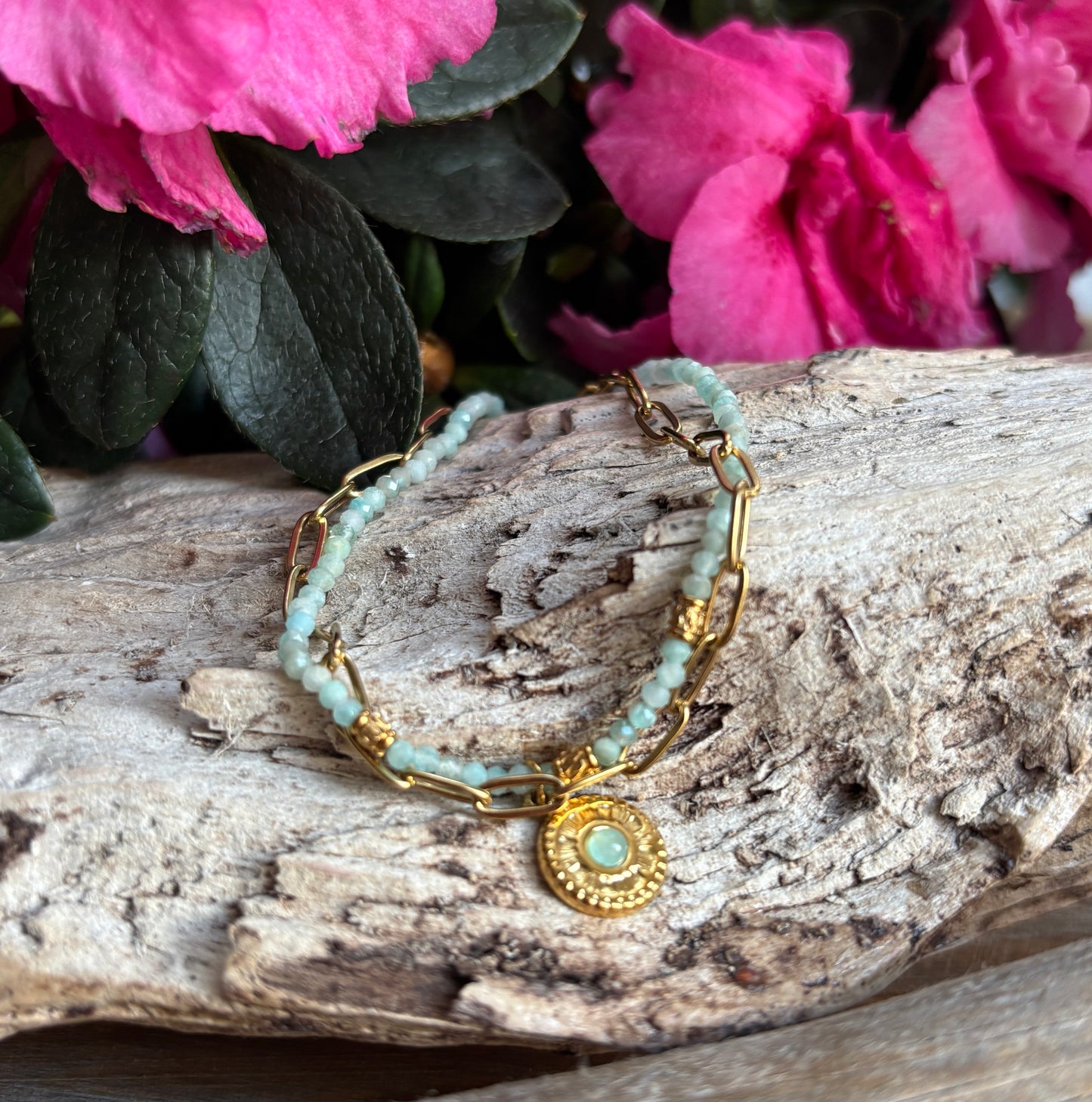18ct Gold Plated Green Aventurine Gold Disc Bracelet