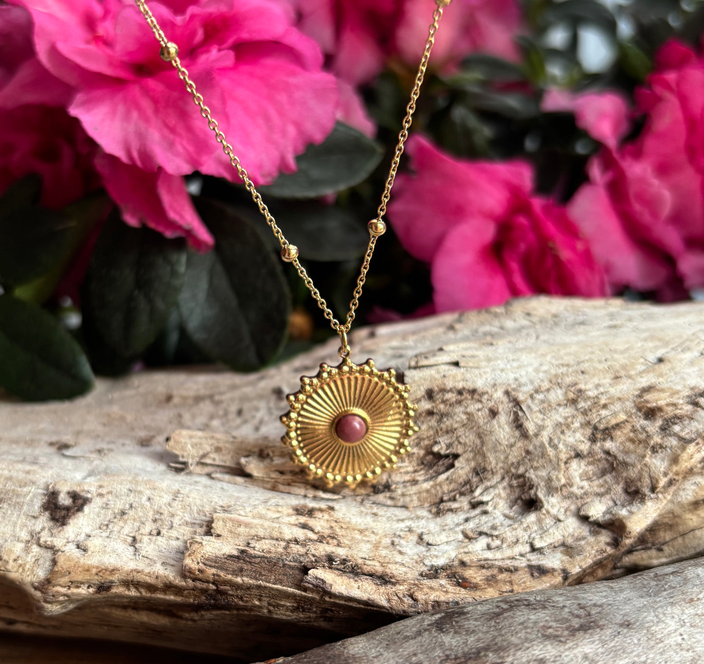 18ct Gold Plated Rhodochrosite Sun Pendant Necklace