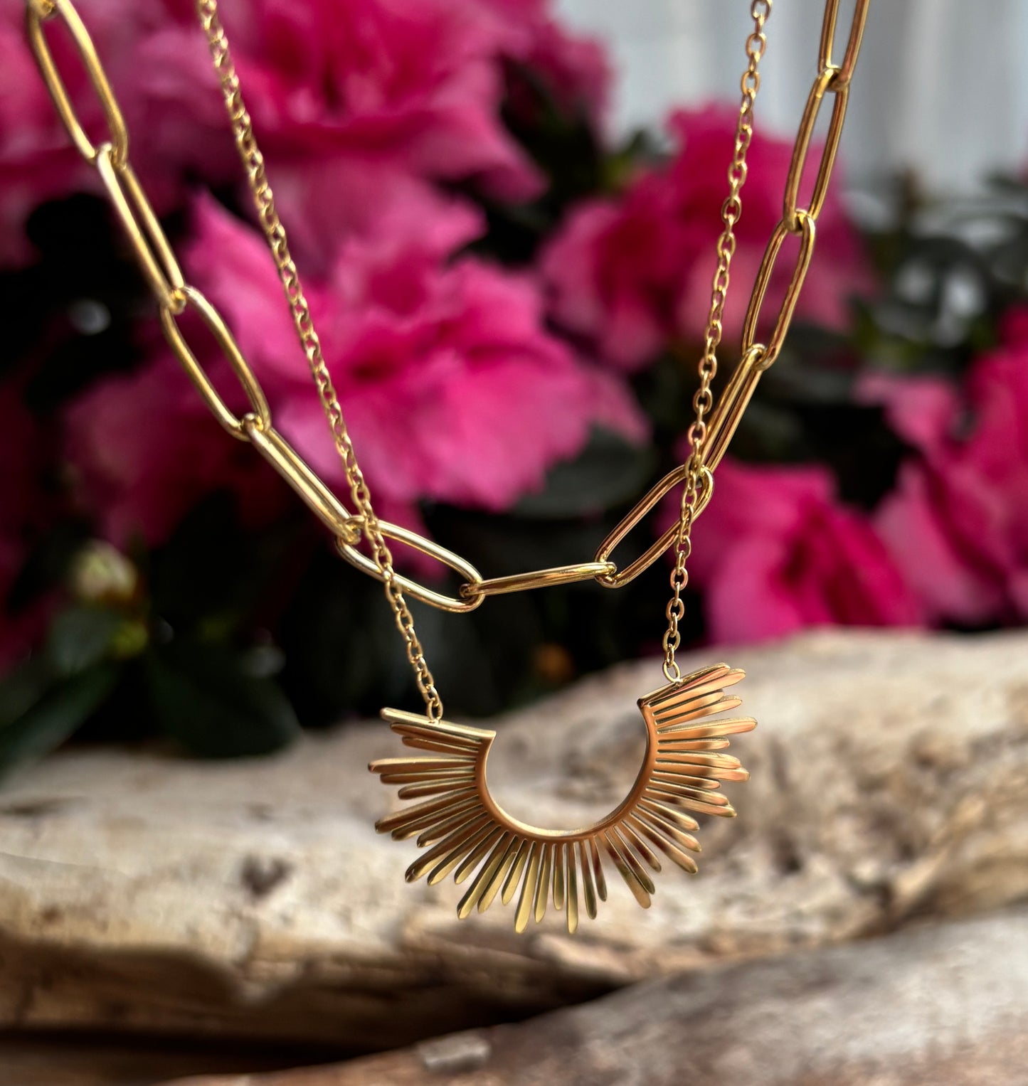 18ct Gold Plated Sunburst Pendant Double Chain Necklace
