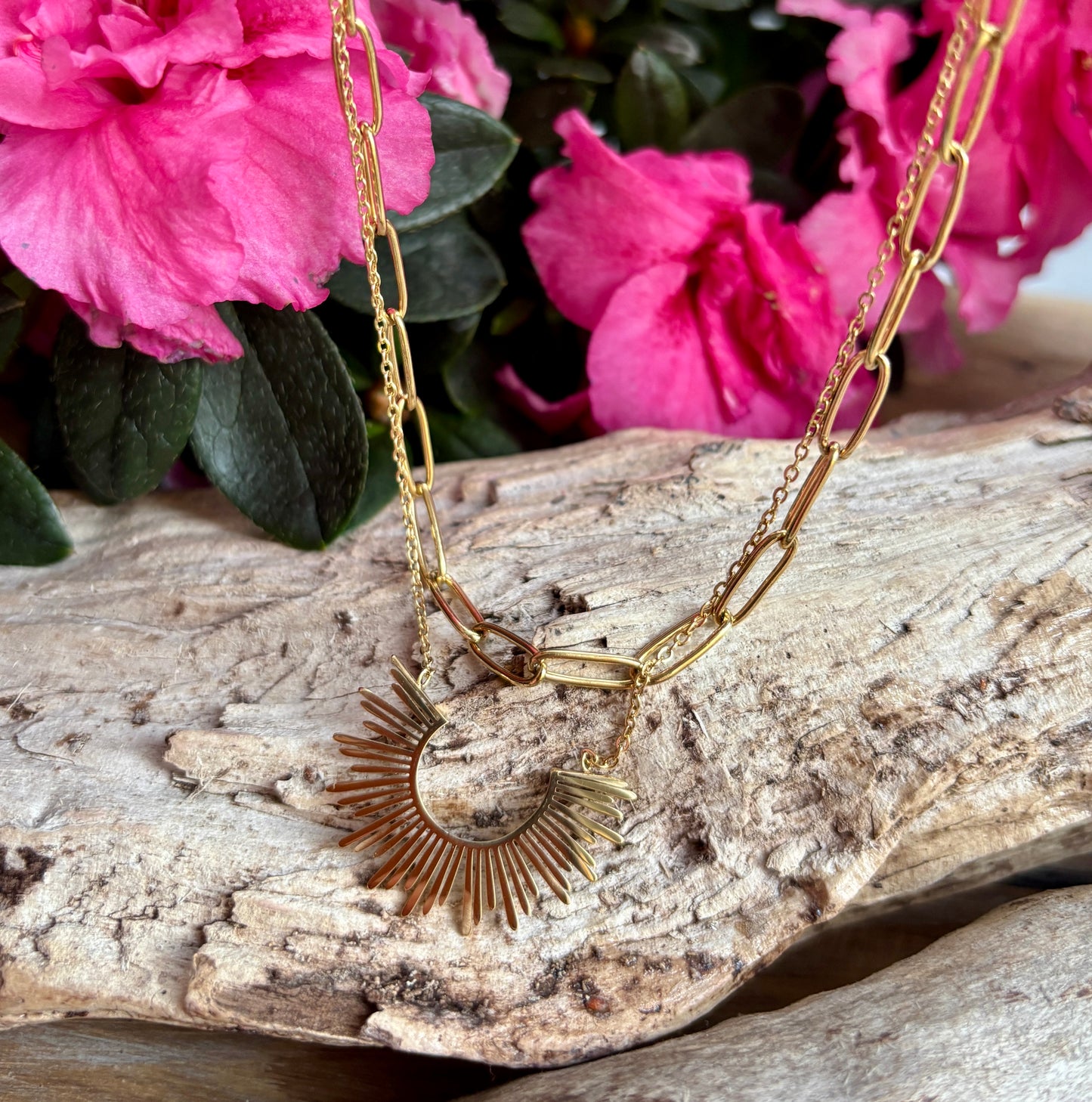 18ct Gold Plated Sunburst Pendant Double Chain Necklace
