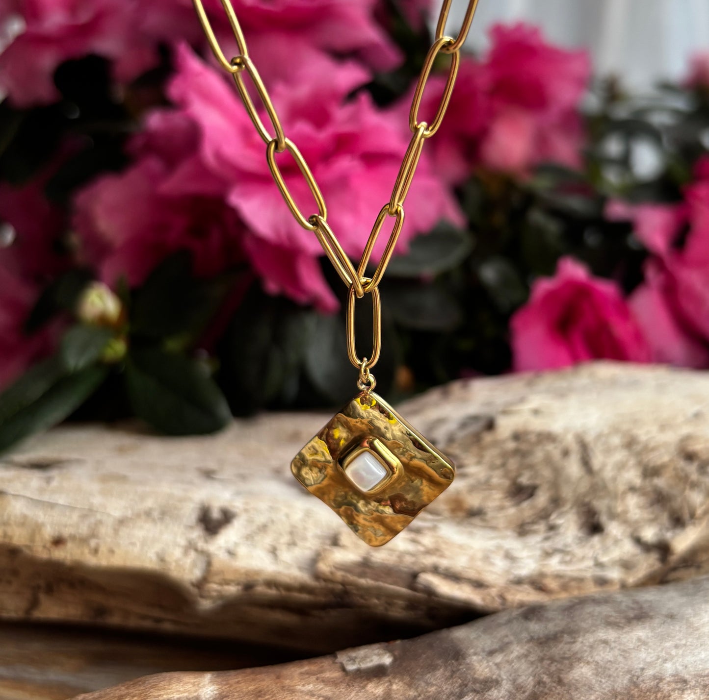 18ct Gold Plated Mother Of Pearl Square Pendant Necklace
