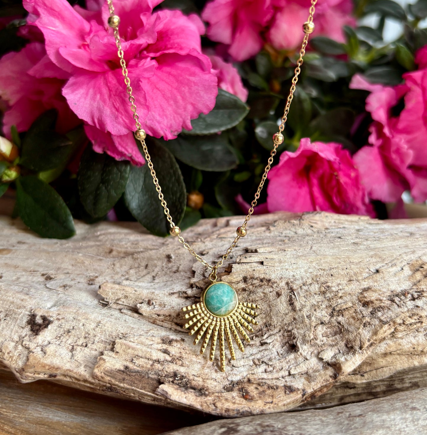 18ct Gold Plated Amazonite Feather Pendant Necklace