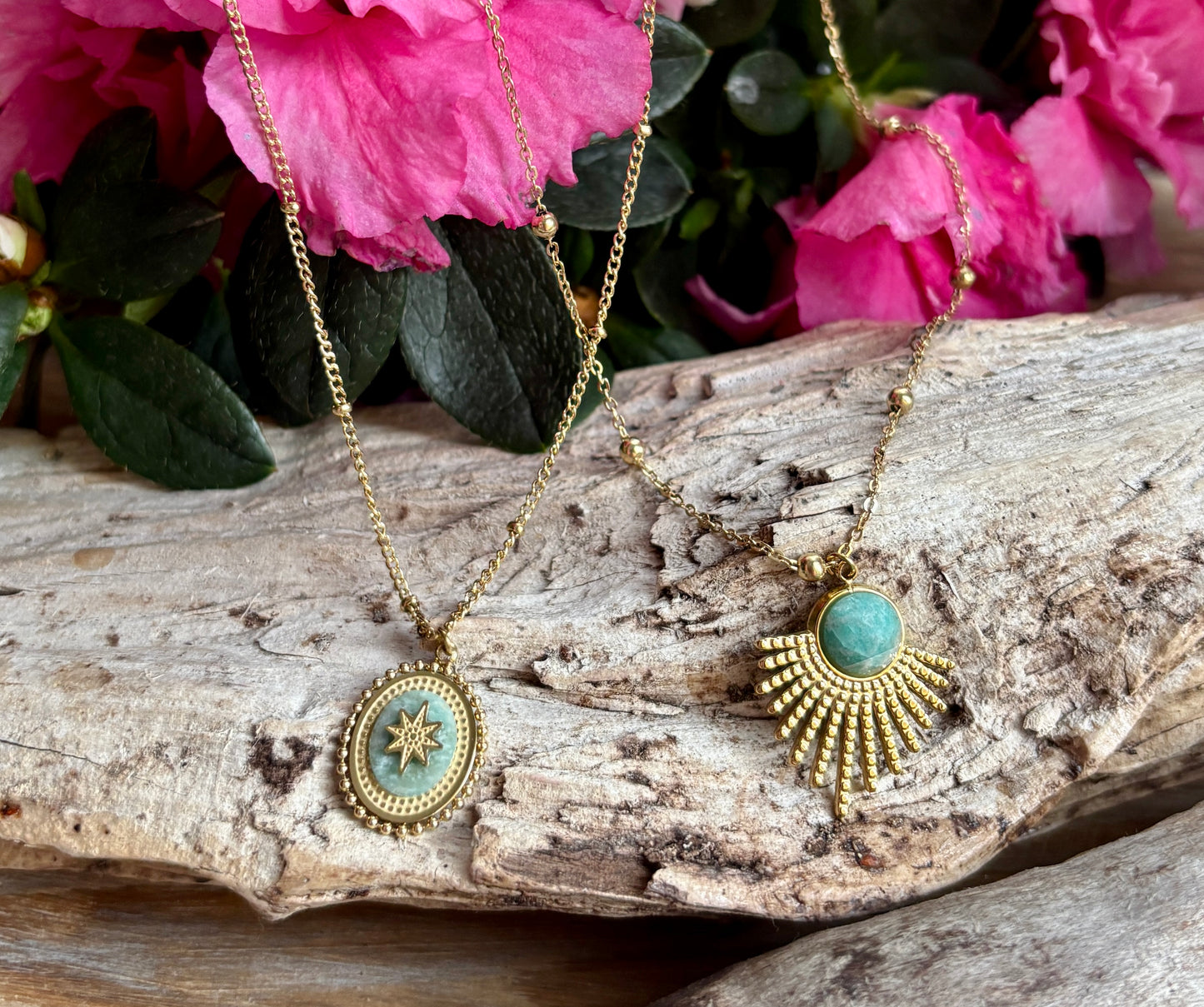 18ct Gold Plated Amazonite Feather Pendant Necklace
