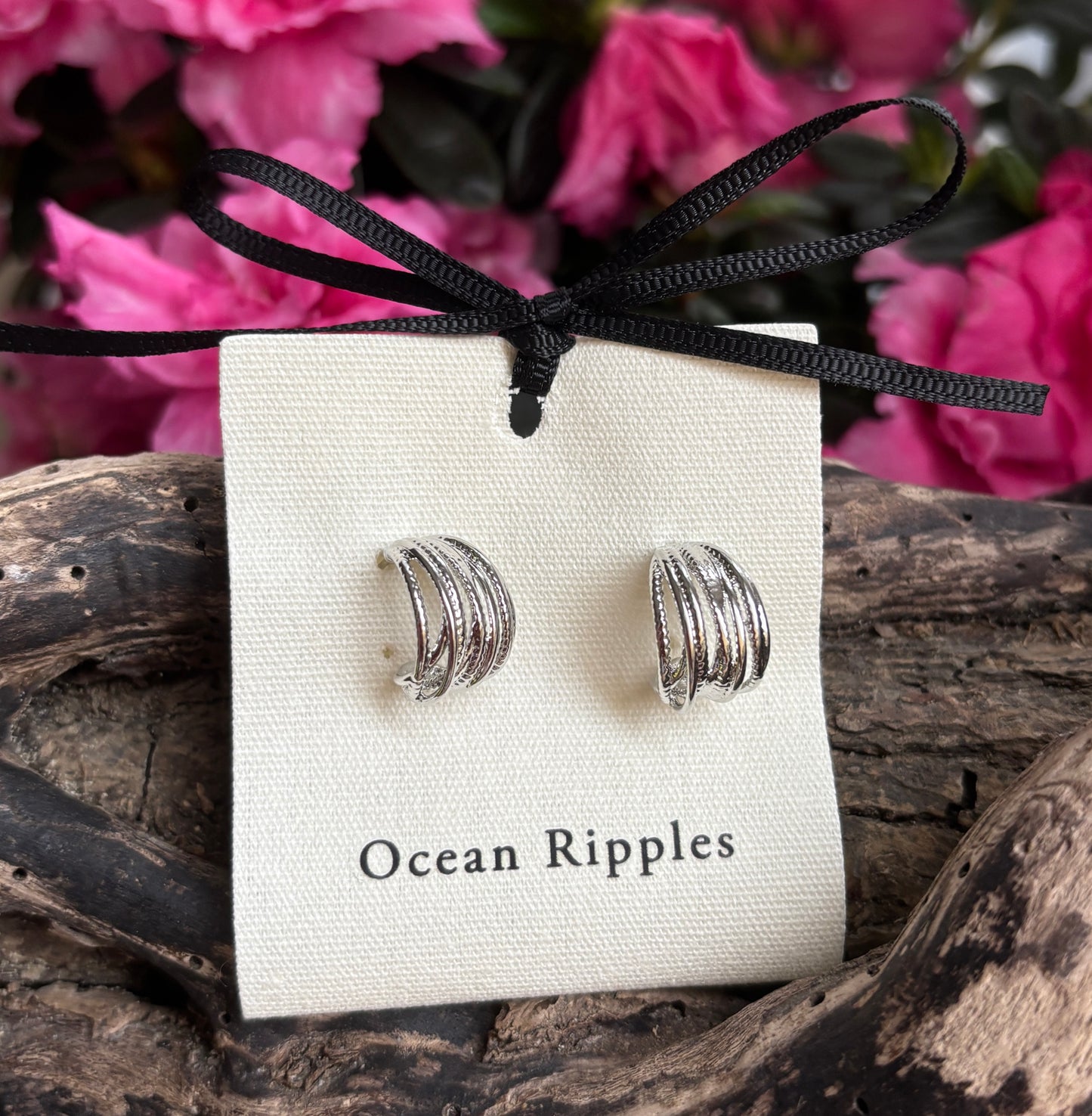 Rhodium Plated Twisted Multi Band Earrings