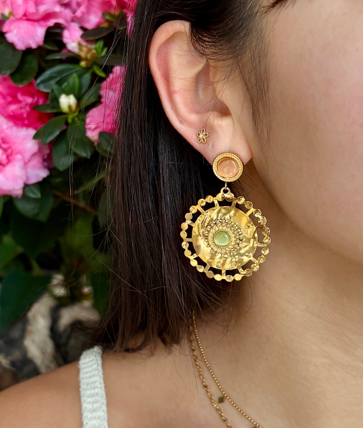 18ct Gold Plated Cats Eye Medallion Drop Earrings