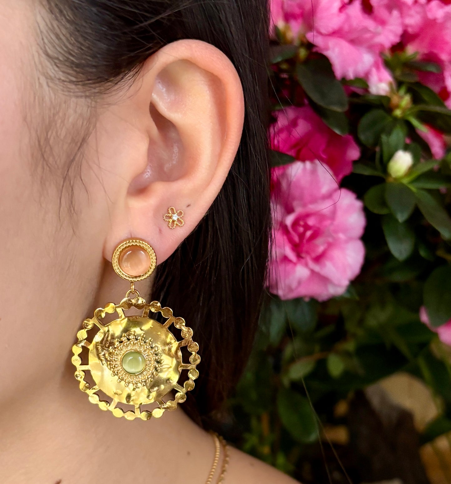 18ct Gold Plated Cats Eye Medallion Drop Earrings