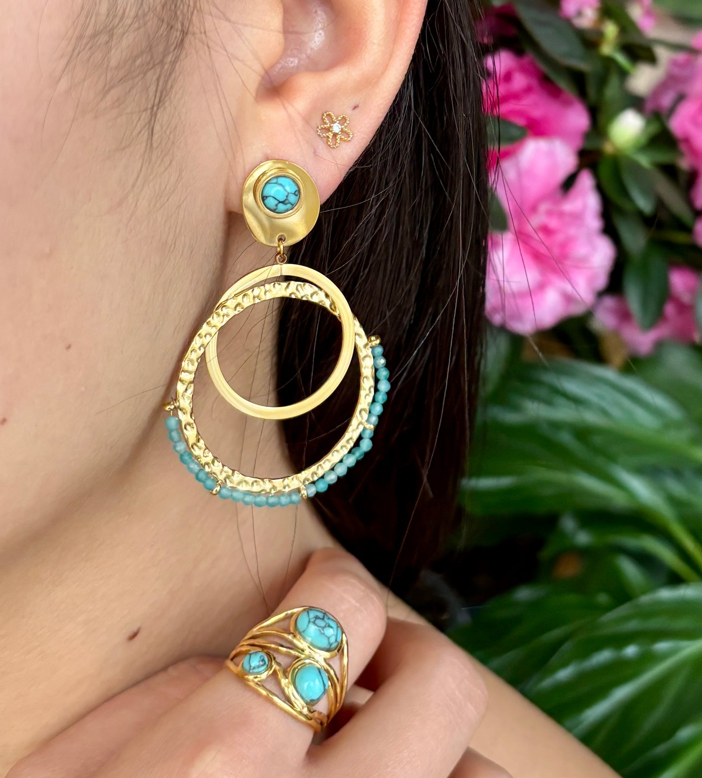 18ct Gold Plated Turquoise Double Hoop Earrings
