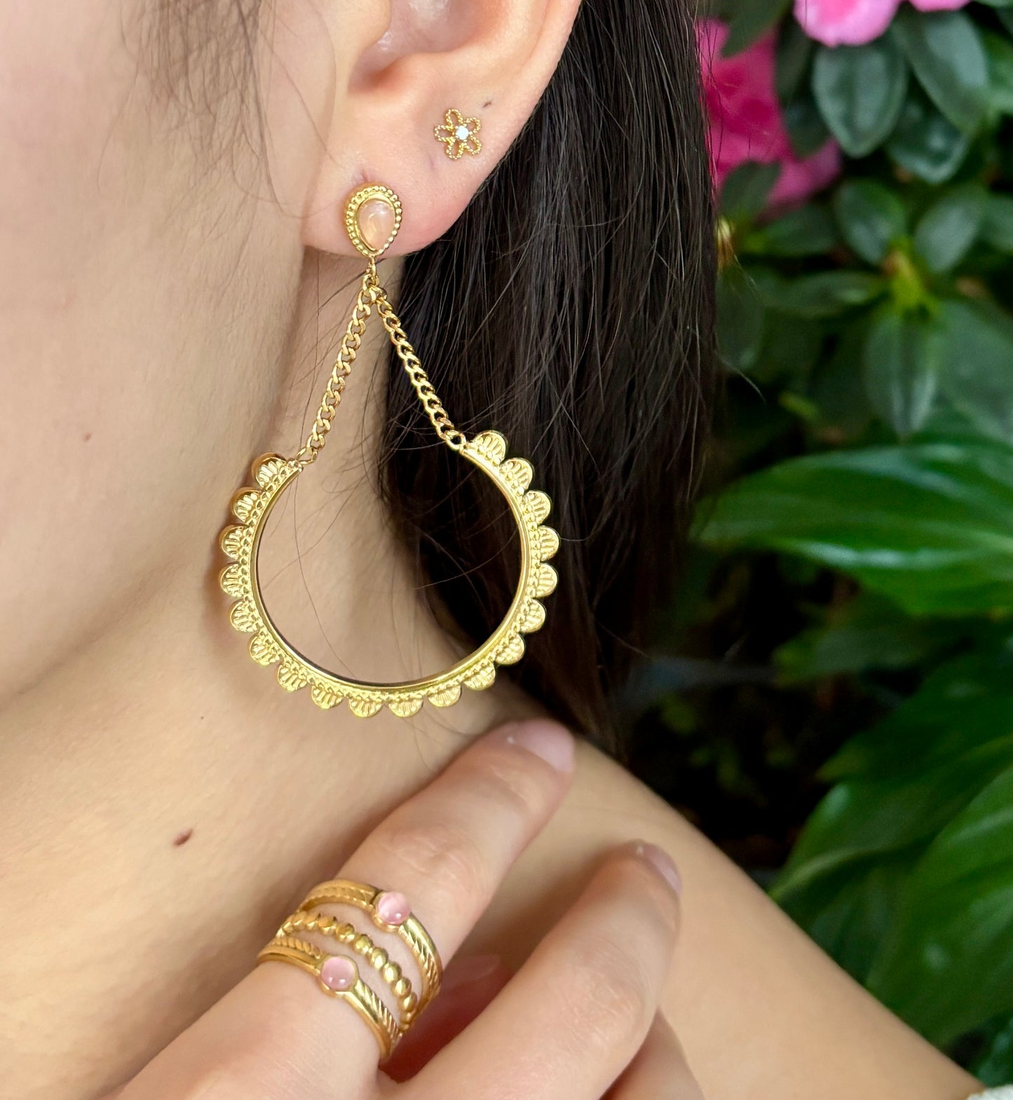 18ct Gold Plated Pink Cats Eye Lace Trim Earrings