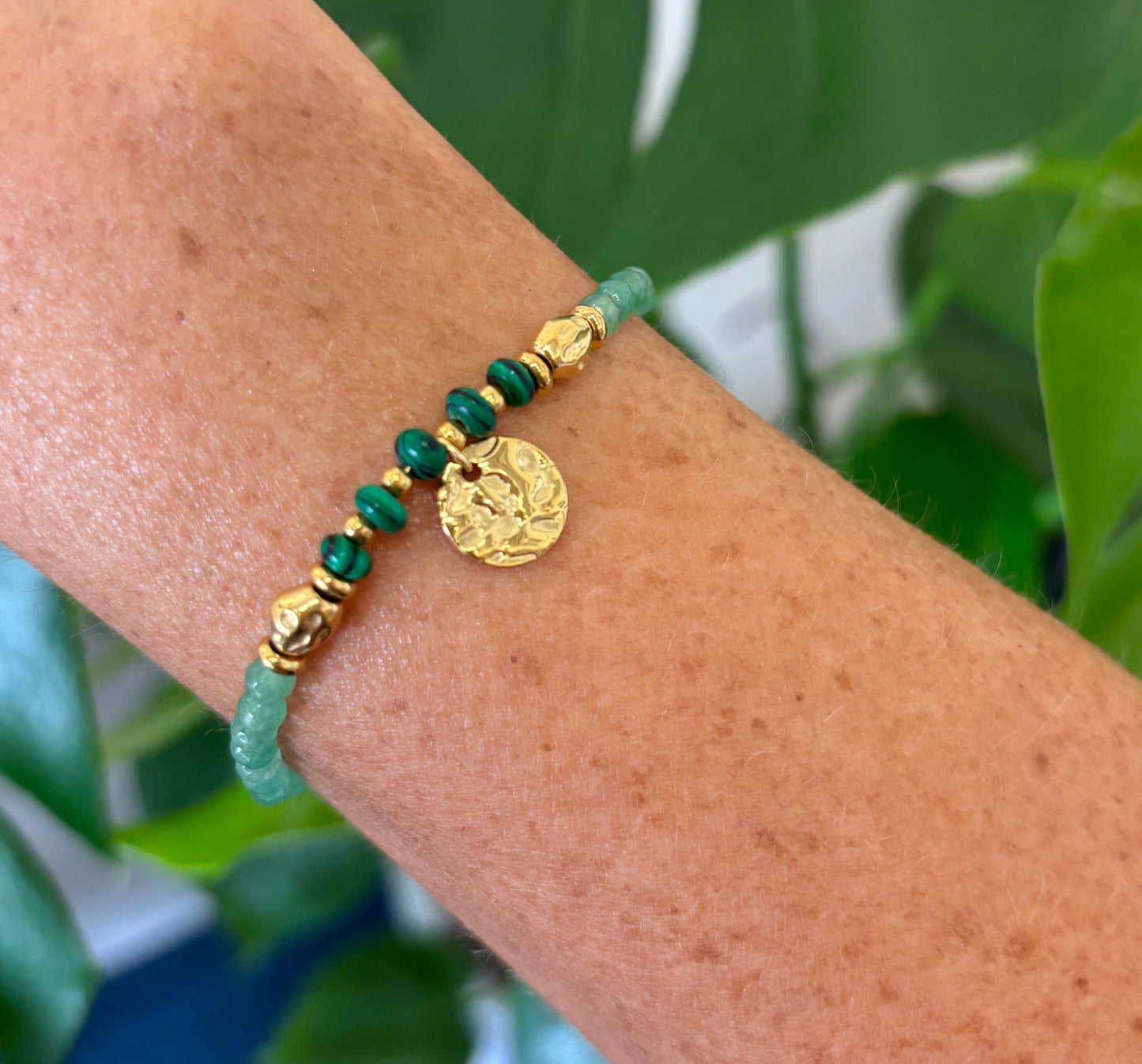 18ct Gold Plated Malachite Beads Bracelet