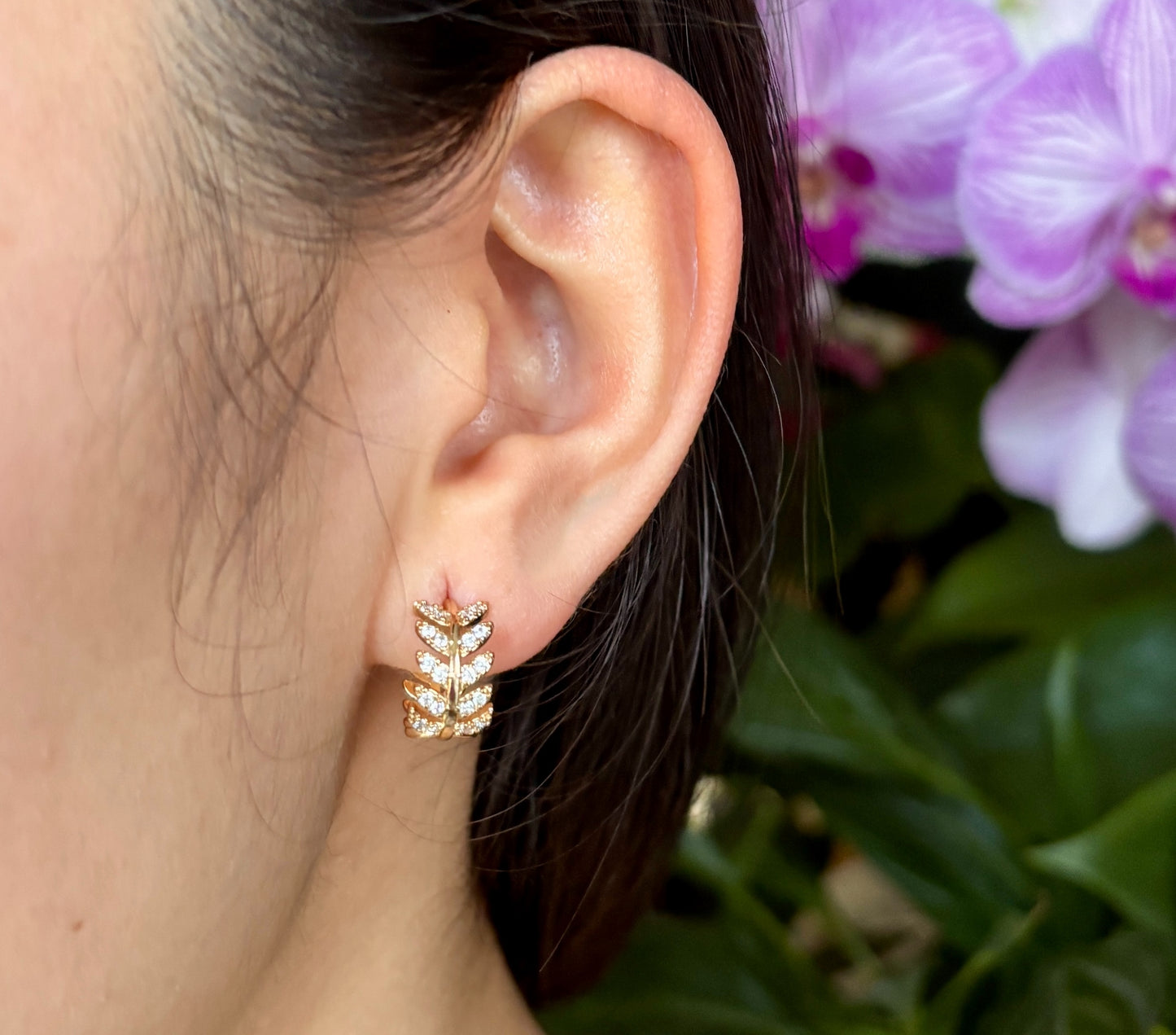 14ct Gold Plated Cubic Zirconia Leaf Huggie Earrings