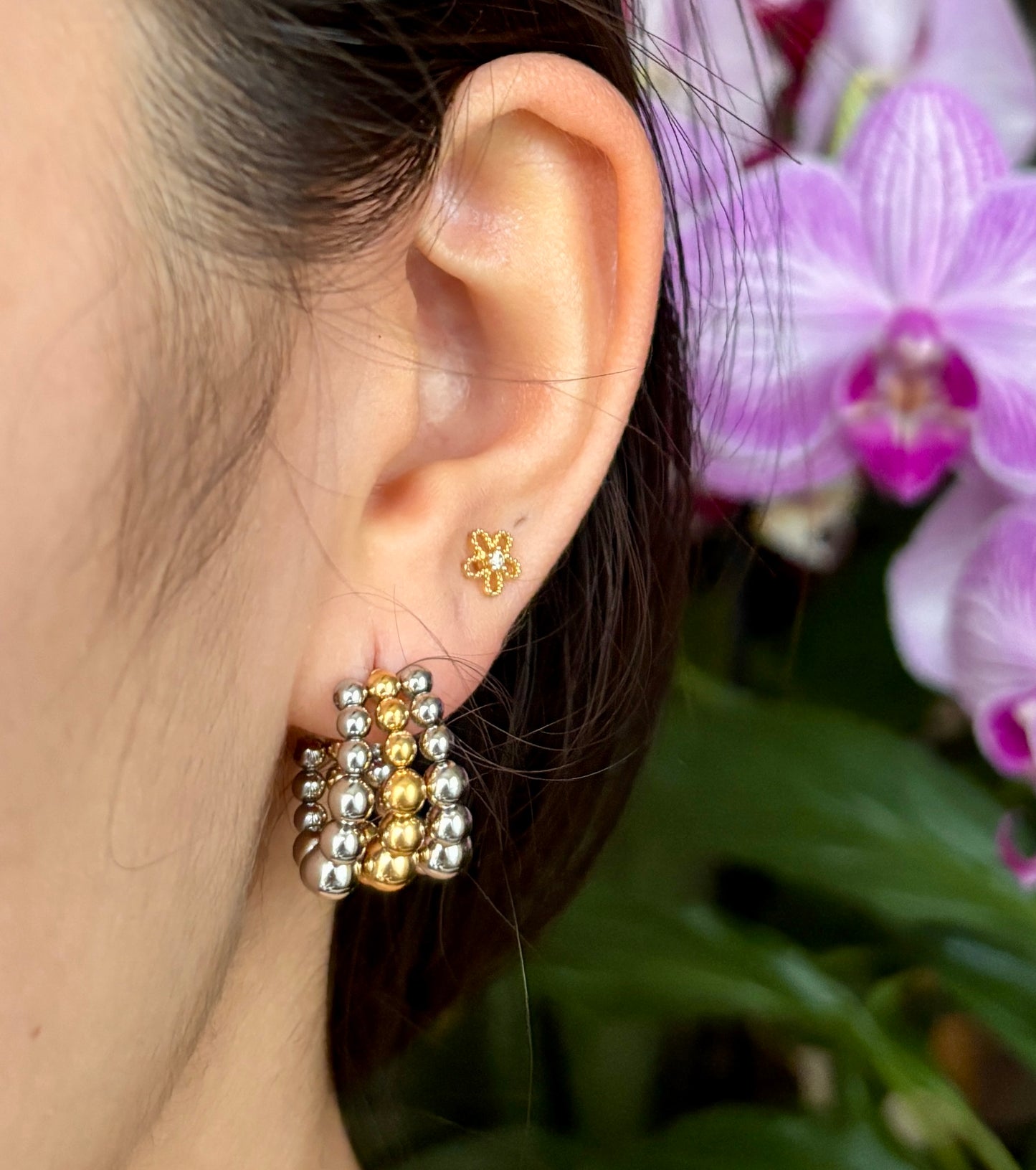 18ct Gold Plated Two-Tone Beaded Hoop Earrings