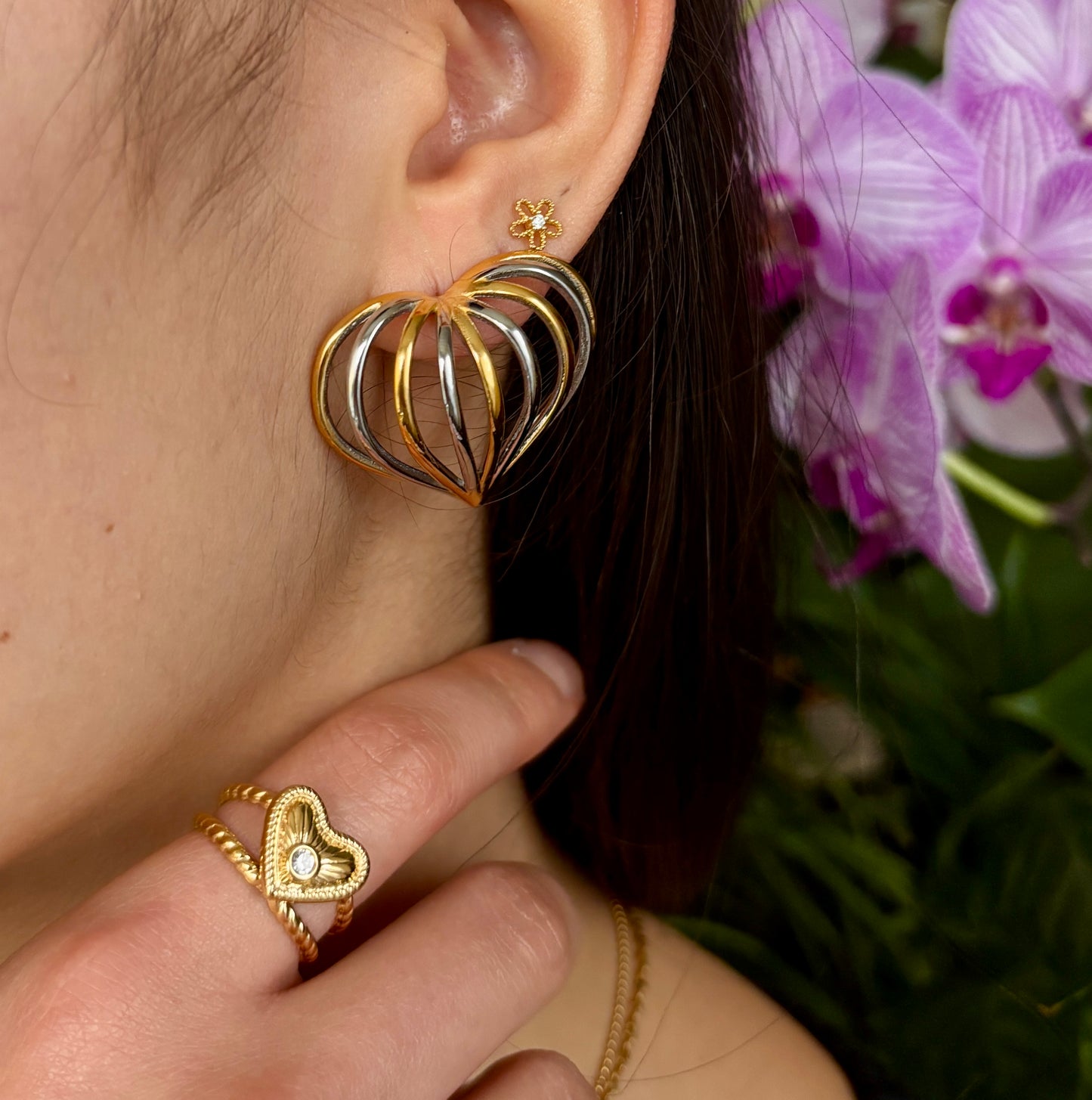 18ct Gold Plated Two-Tone Heart Cage Earrings