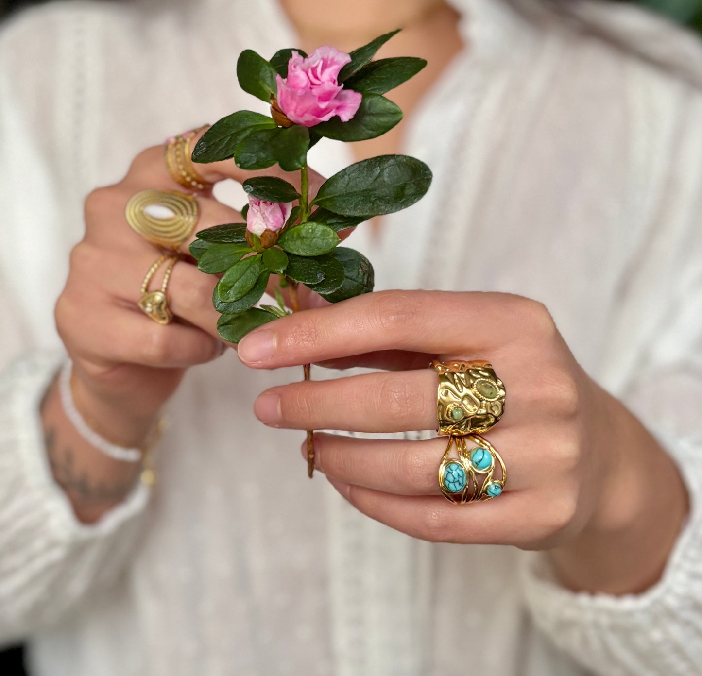 18ct Gold Plated Adjustable African Turquoise Hammered Ring