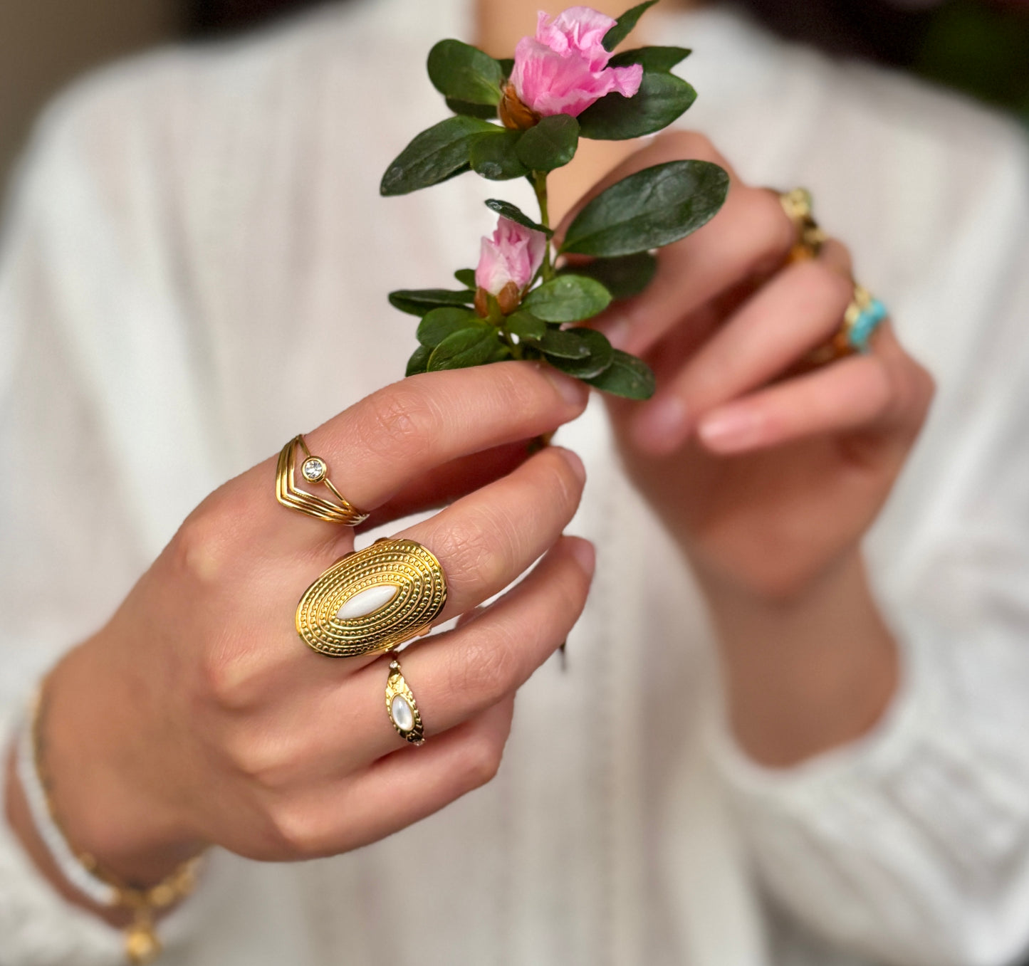 18ct Gold Plated Adjustable White Jade Shield Ring