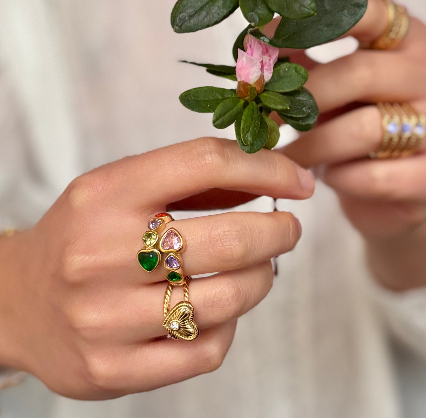 18ct Gold Plated Multi Coloured Faceted Heart Adjustable Ring