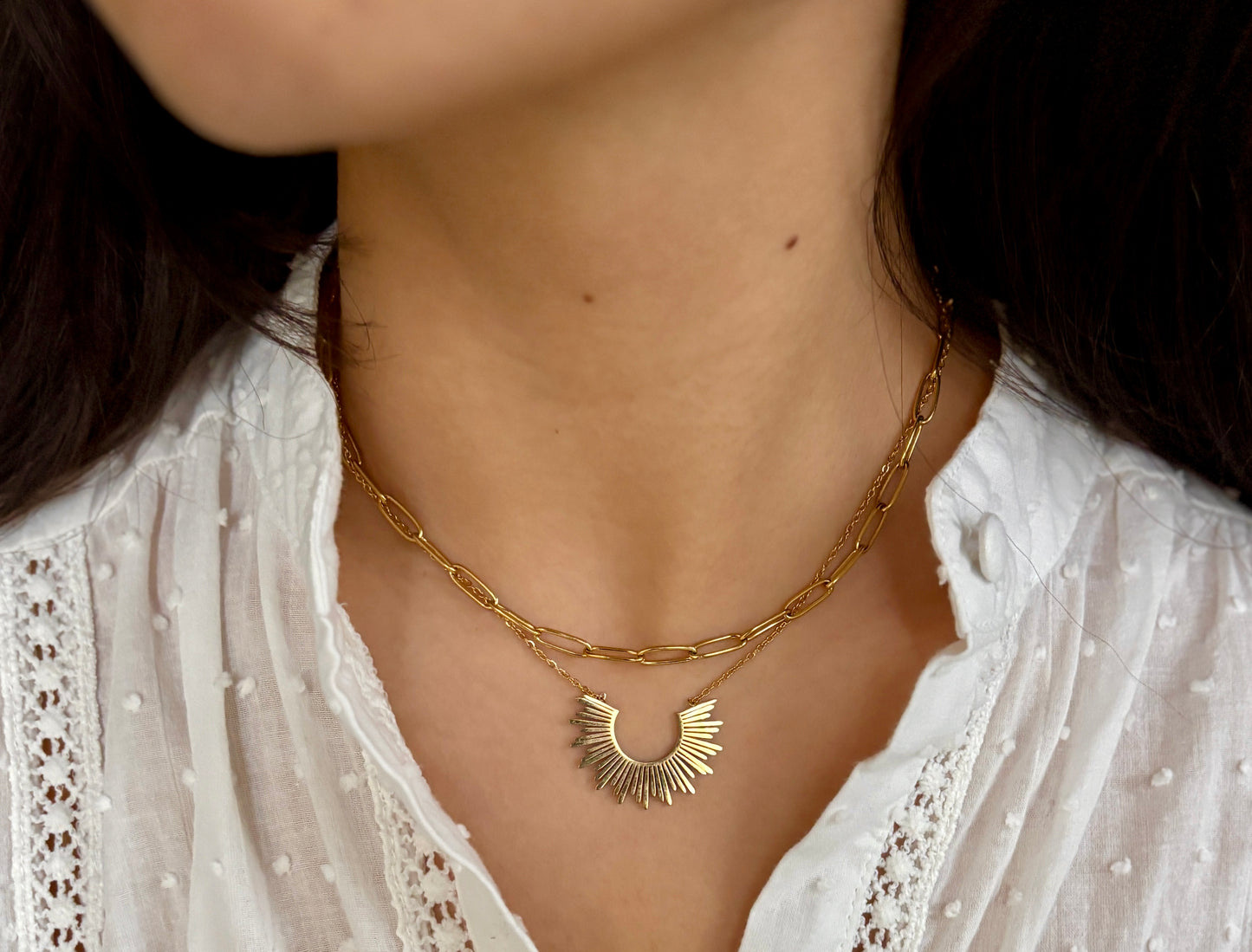 18ct Gold Plated Sunburst Pendant Double Chain Necklace