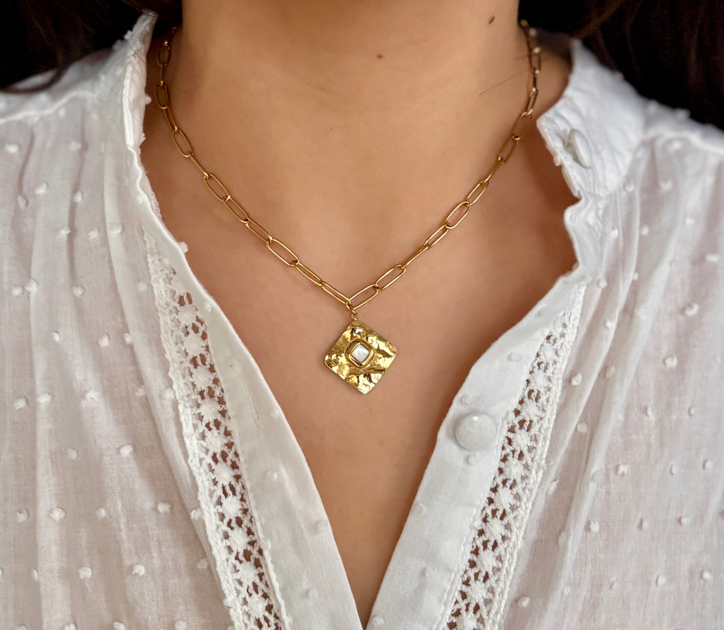 18ct Gold Plated Mother Of Pearl Square Pendant Necklace