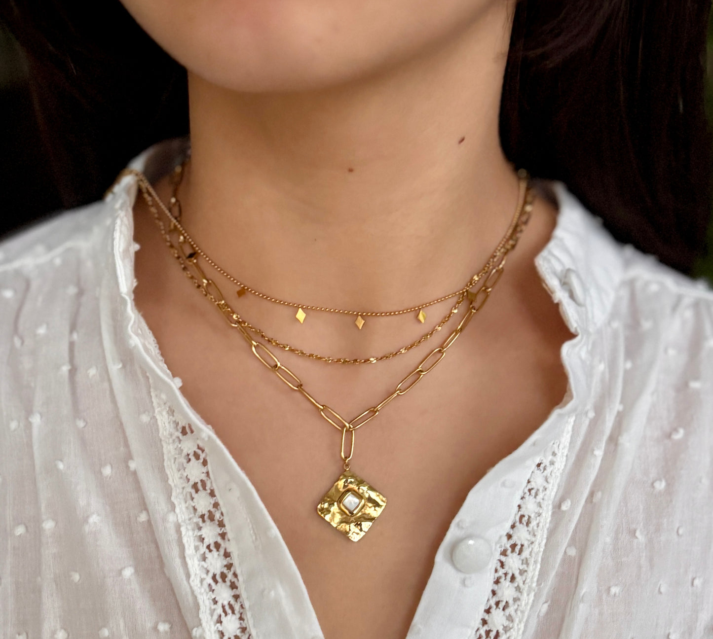 18ct Gold Plated Mother Of Pearl Square Pendant Necklace