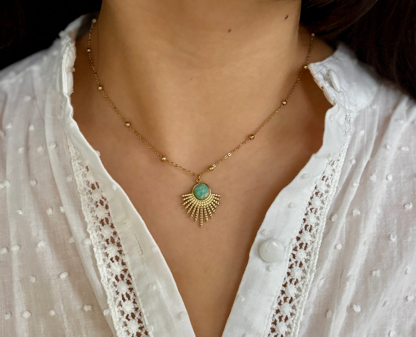 18ct Gold Plated Amazonite Feather Pendant Necklace