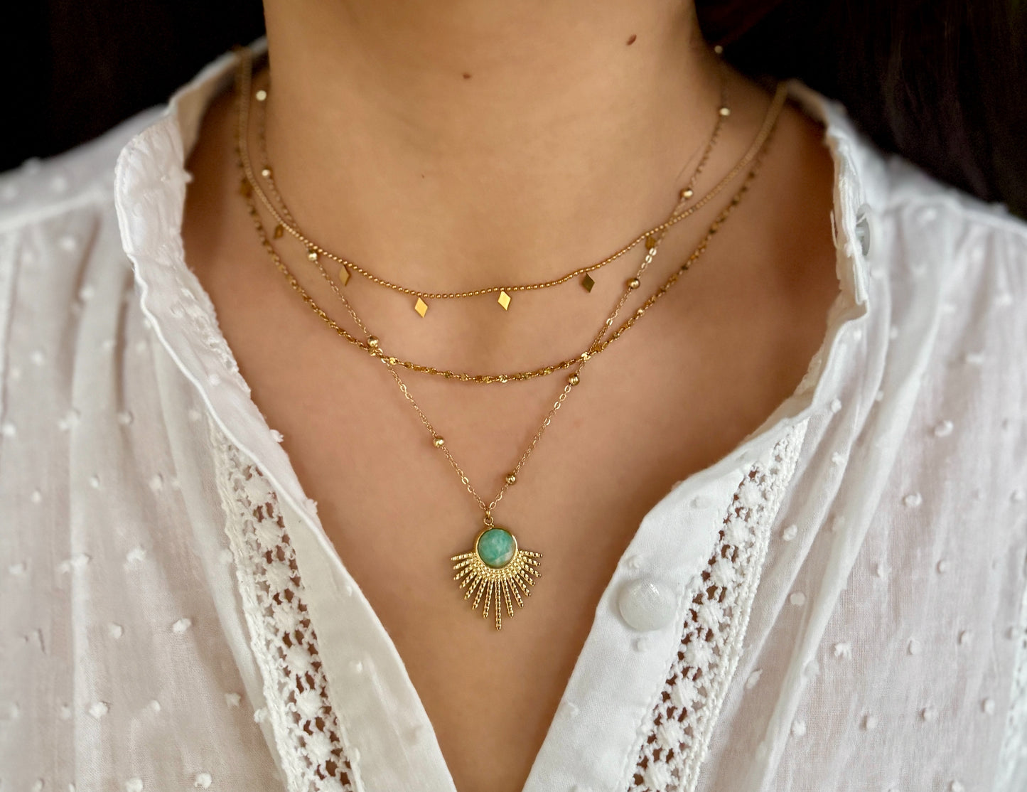 18ct Gold Plated Amazonite Feather Pendant Necklace