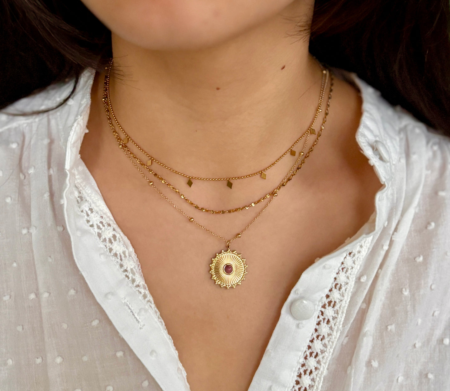 18ct Gold Plated Rhodochrosite Sun Pendant Necklace