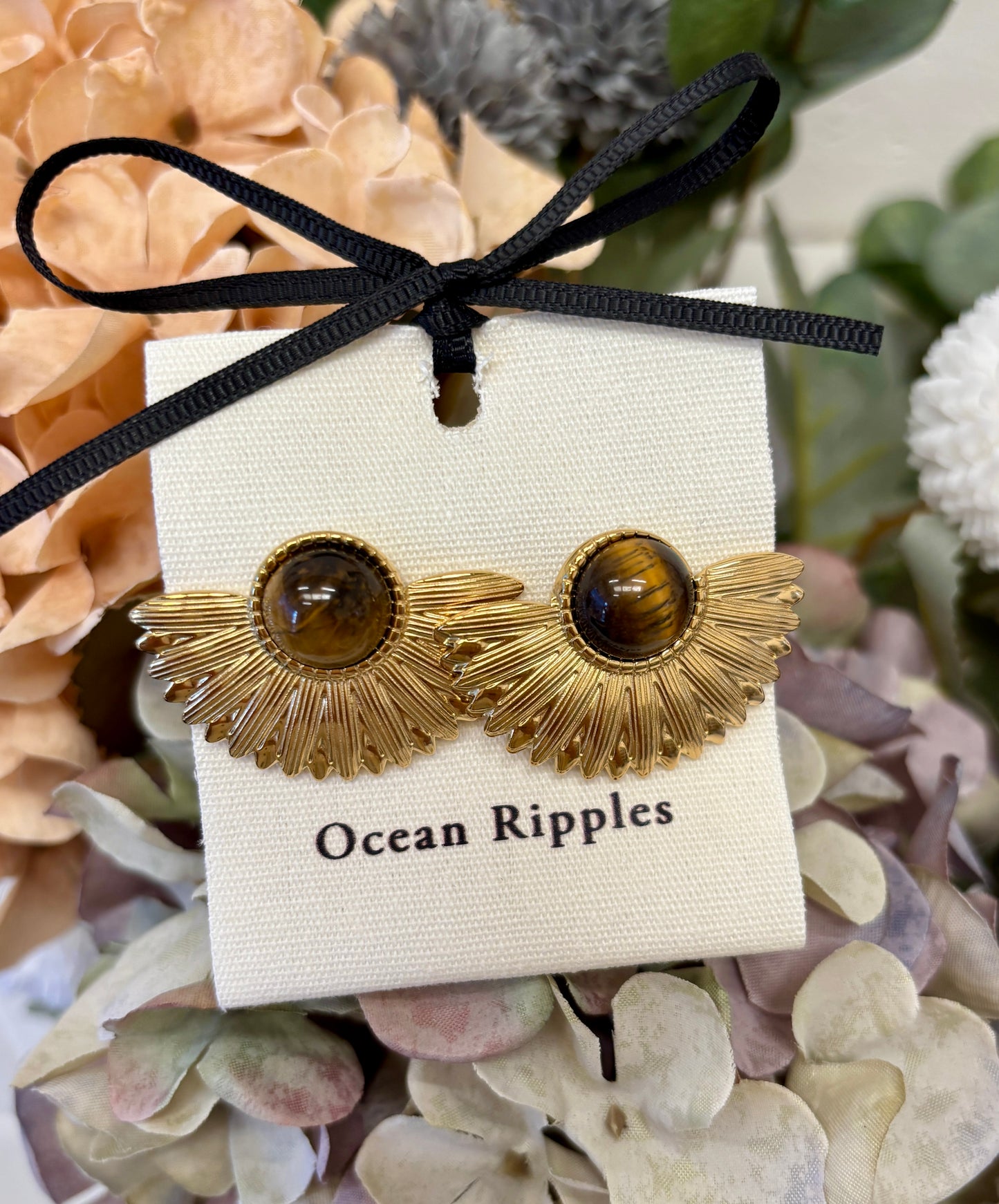 18ct Gold Plated Tiger's Eye Sunflower Earrings
