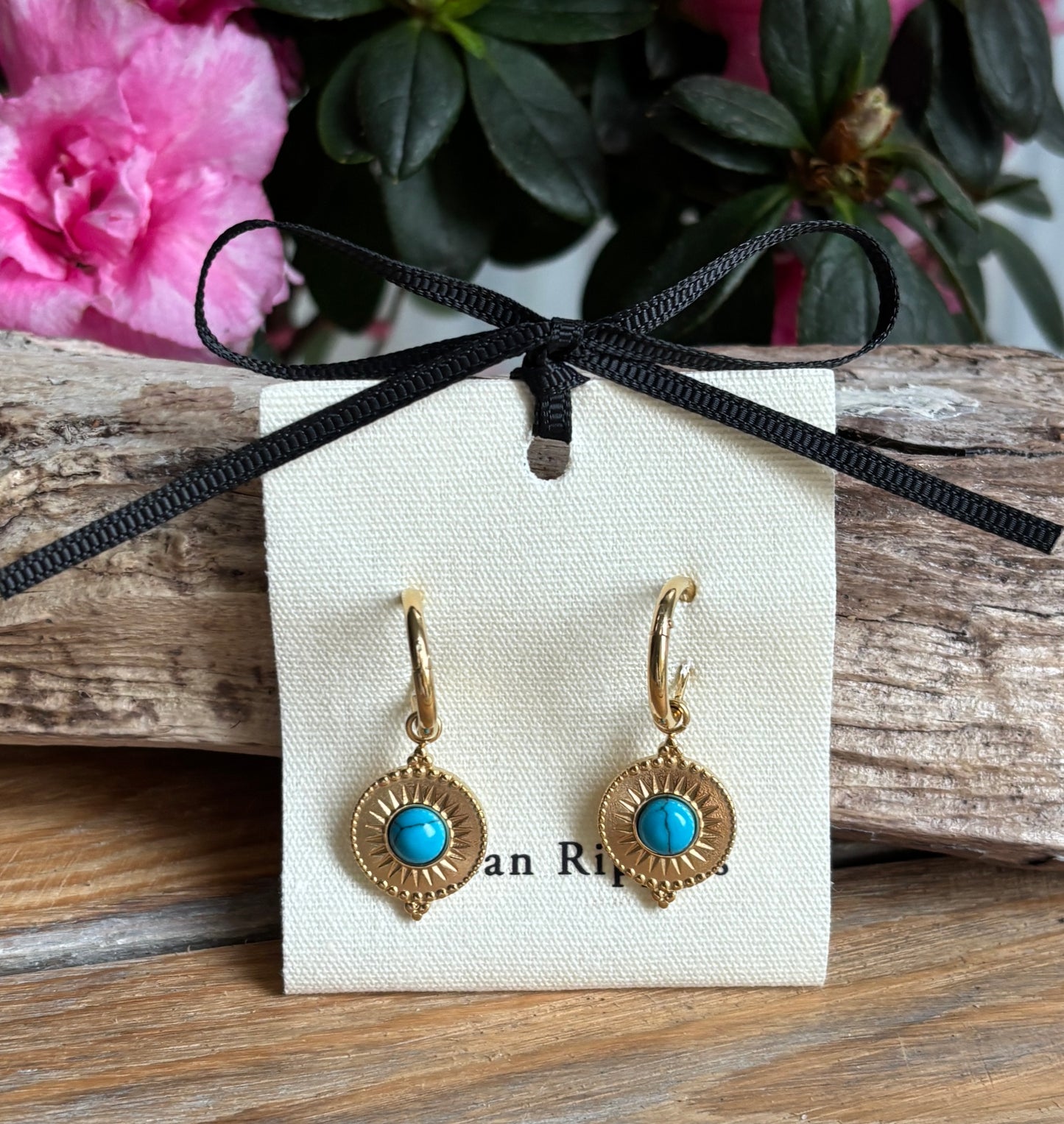 18ct Gold Plated Turquoise Sun Disc Huggie Earrings