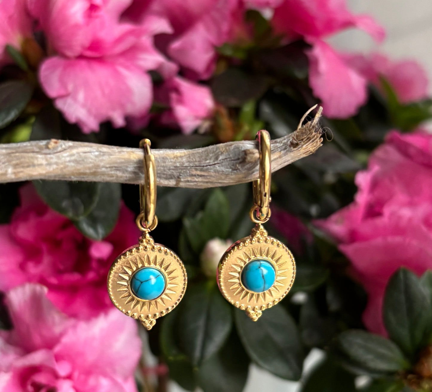 18ct Gold Plated Turquoise Sun Disc Huggie Earrings