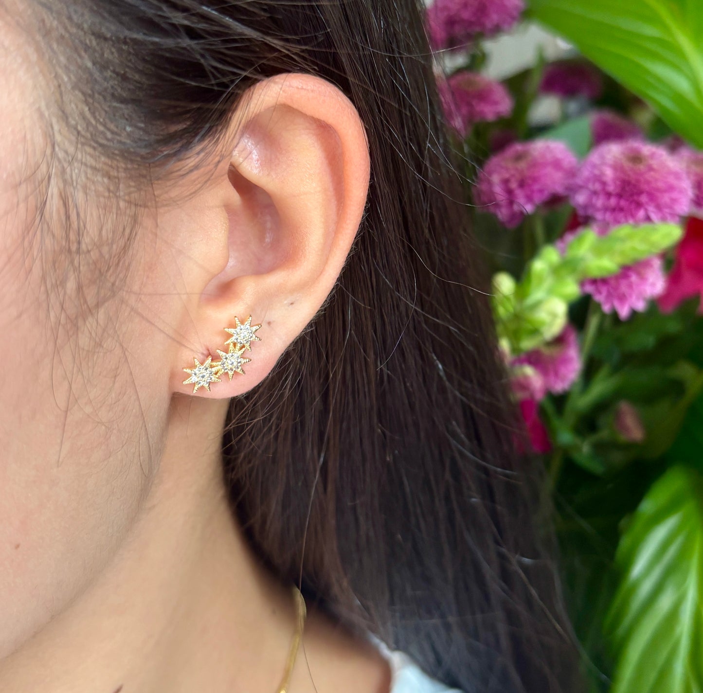 14ct Gold Plated Cubic Zirconia Triple Stars Climber Earrings - Available in Silver