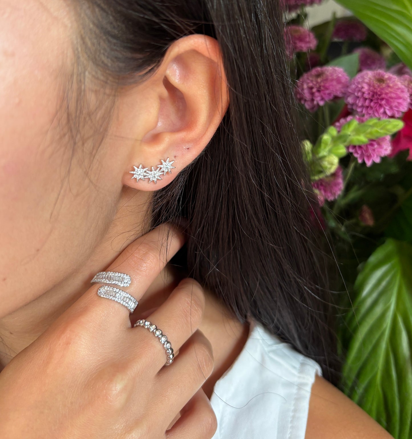 14ct Gold Plated Cubic Zirconia Triple Stars Climber Earrings - Available in Silver