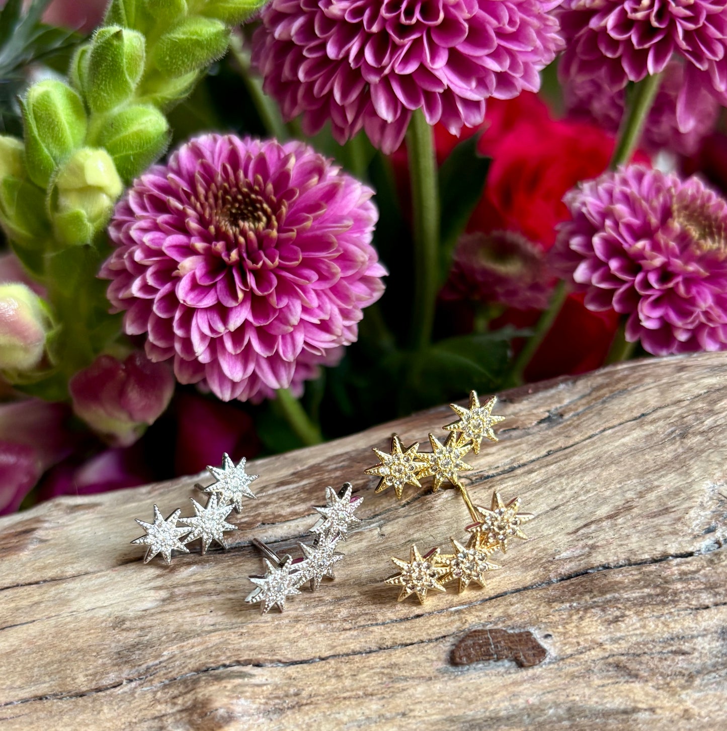 14ct Gold Plated Cubic Zirconia Triple Stars Climber Earrings - Available in Silver