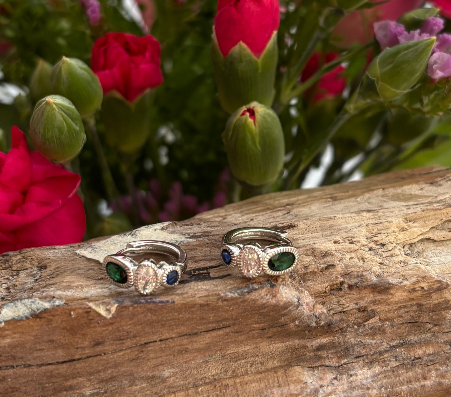 Platinum Plated 925 Sterling Silver Blue Green Cubic Zirconia Huggie Earrings