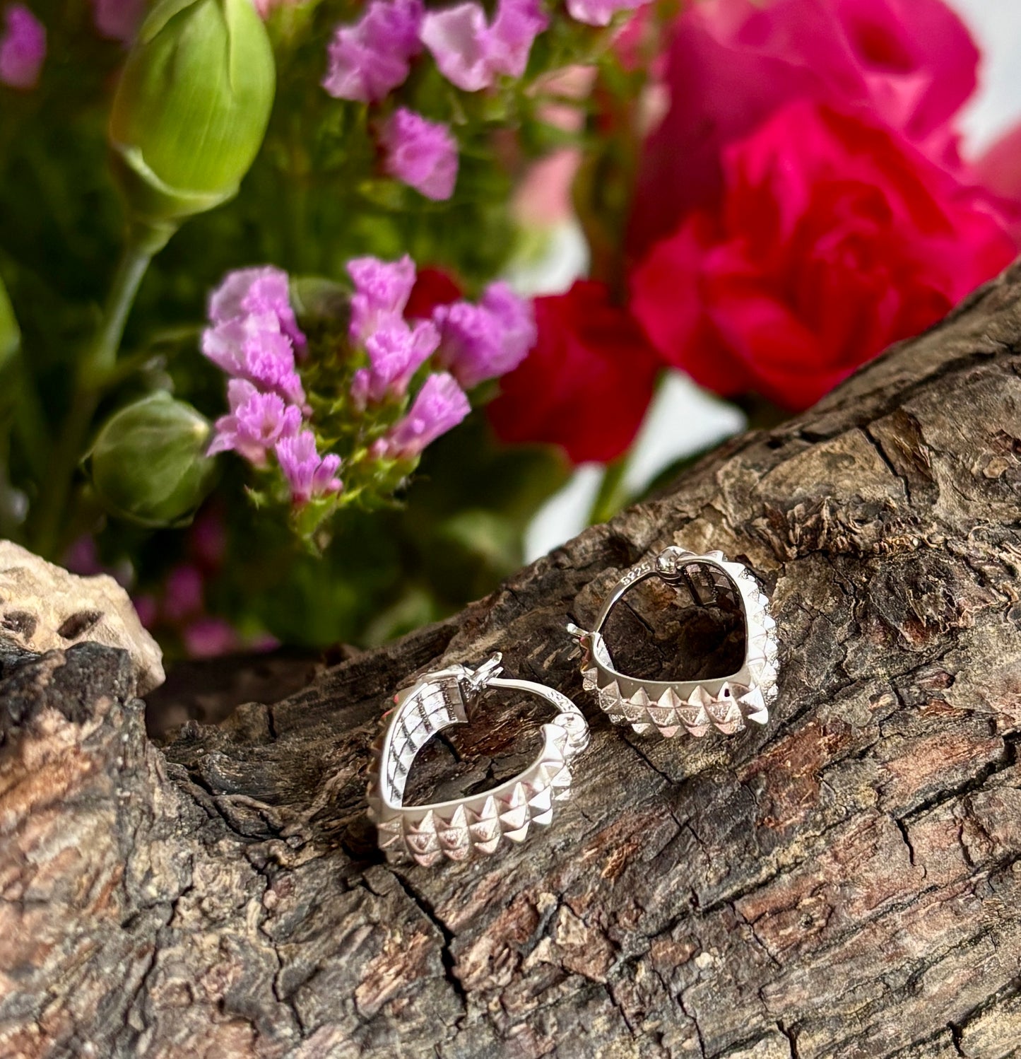 925 Sterling Silver Textured Heart Hoop Earrings