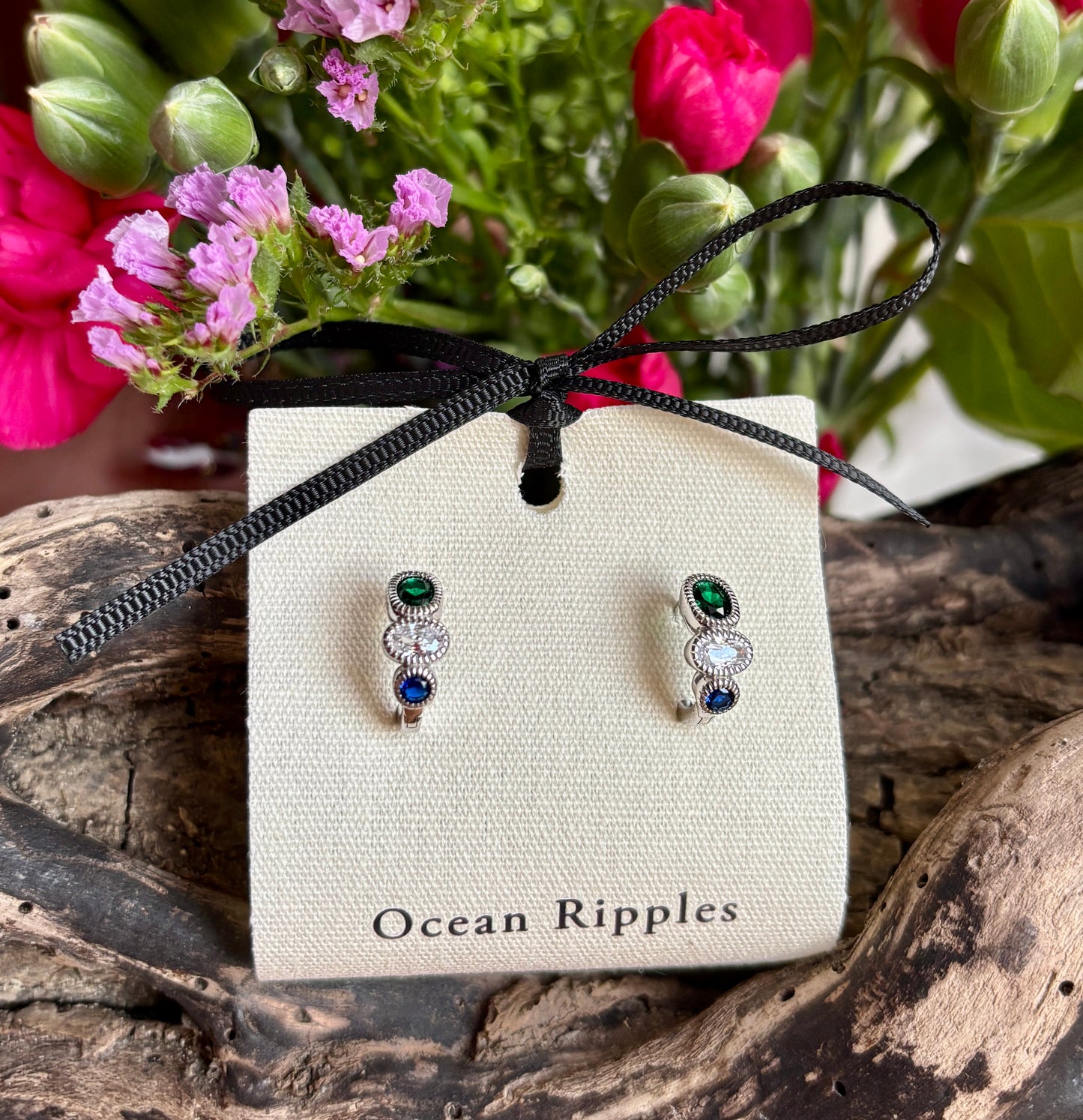 Platinum Plated 925 Sterling Silver Blue Green Cubic Zirconia Huggie Earrings