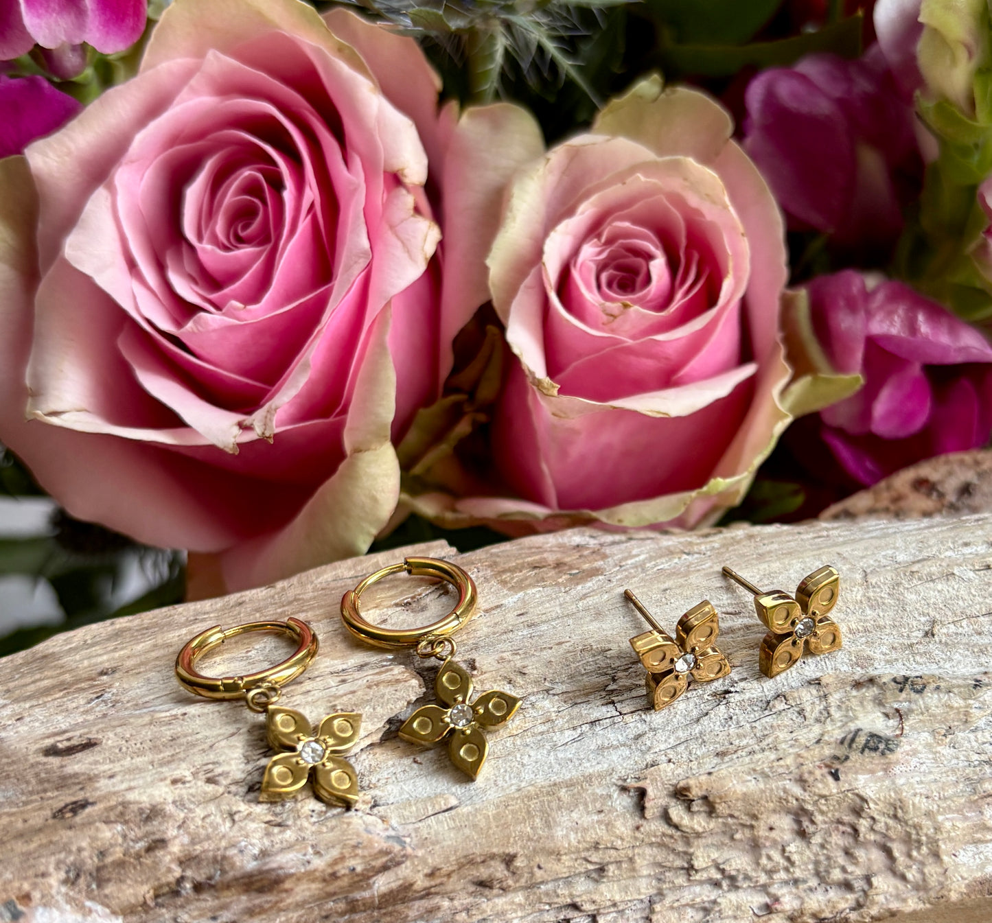 18ct Gold Plated Cubic Zirconia Clover Stud Earrings
