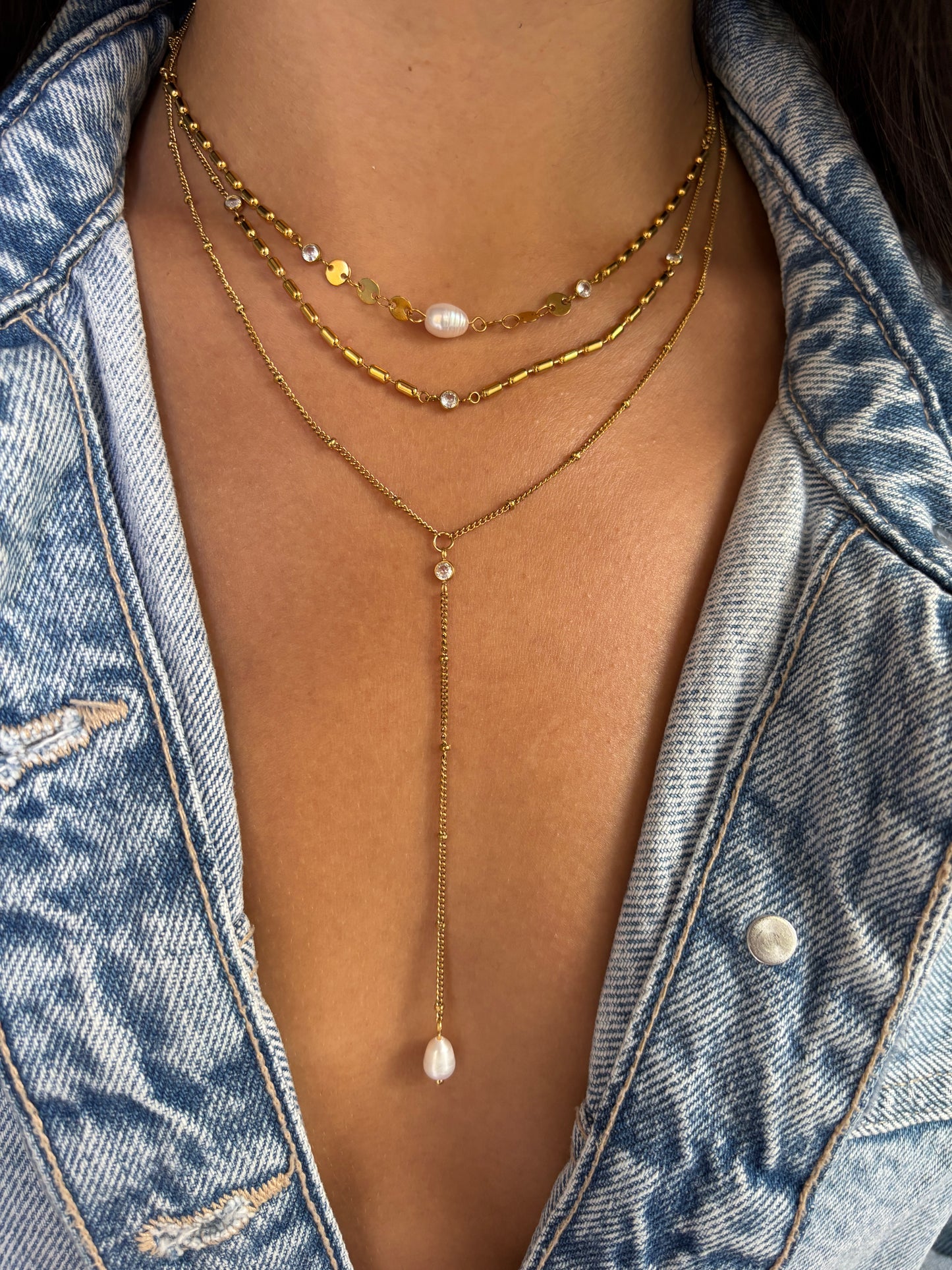 18ct Gold Plated Fresh Water Pearl Triple Chain Necklace