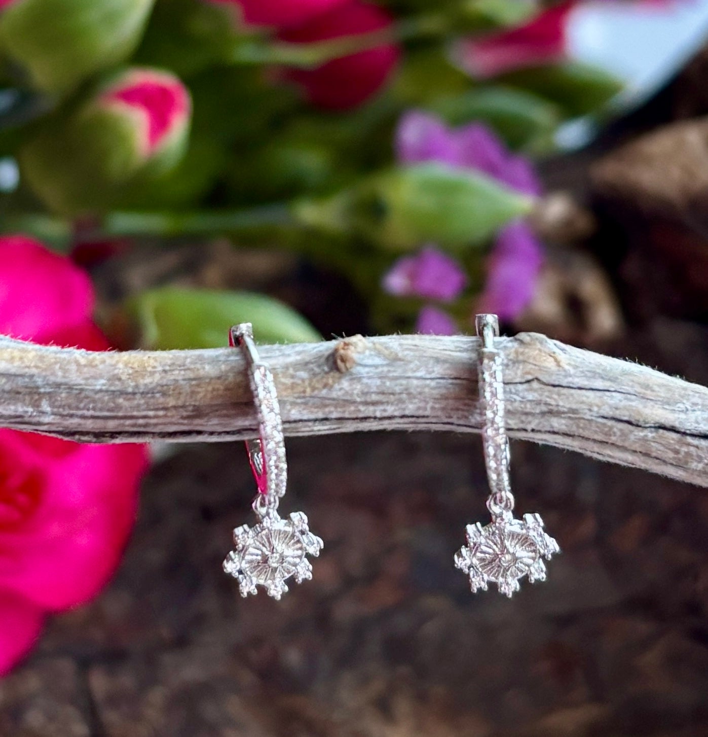 925 Sterling Silver Star Burst Drop Huggie Earrings