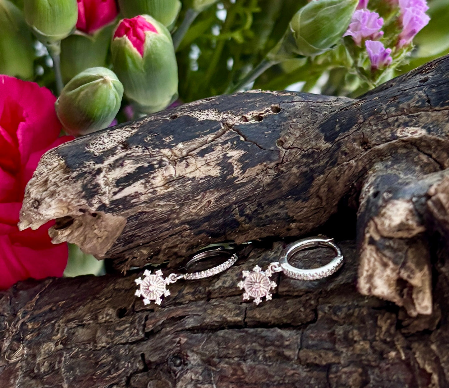 925 Sterling Silver Star Burst Drop Huggie Earrings