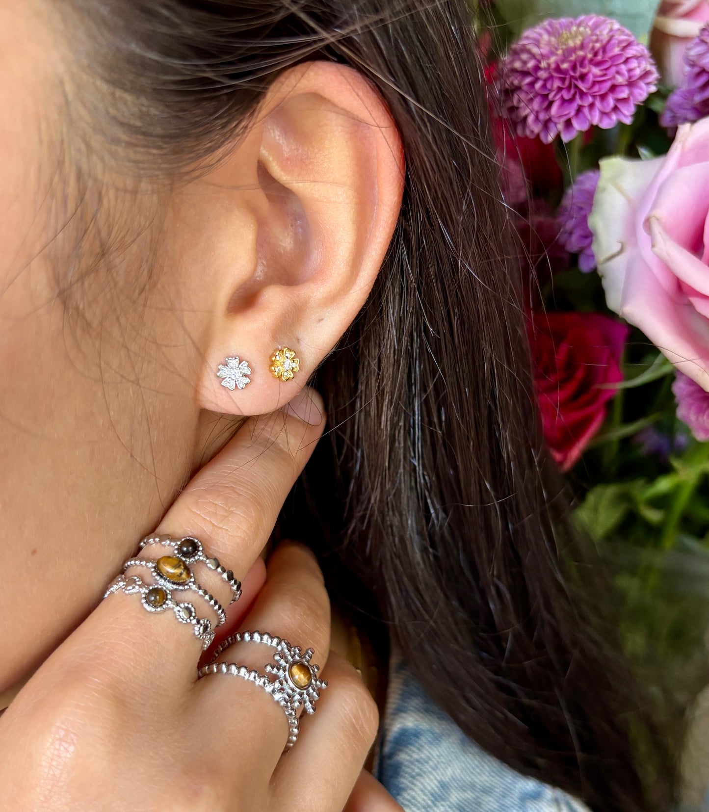 18ct Gold Plated Vermeil Cubic Zirconia Flower Stud Earrings