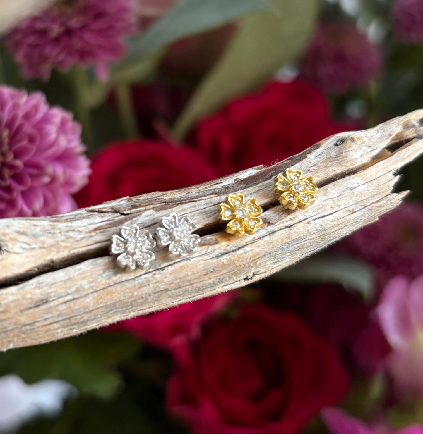 18ct Gold Plated Vermeil Cubic Zirconia Flower Stud Earrings