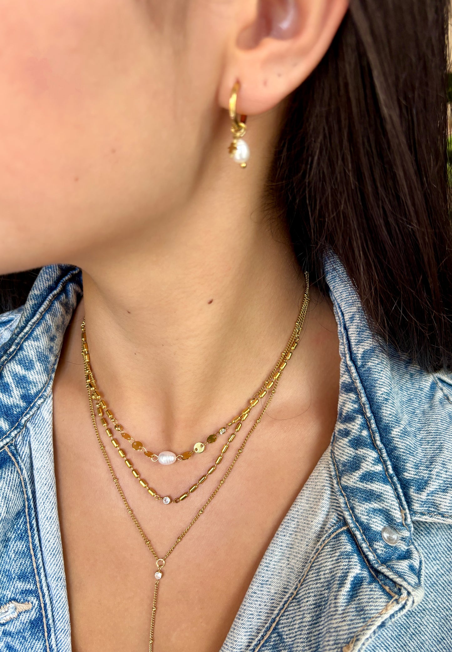 18ct Gold Plated Fresh Water Pearl Triple Chain Necklace