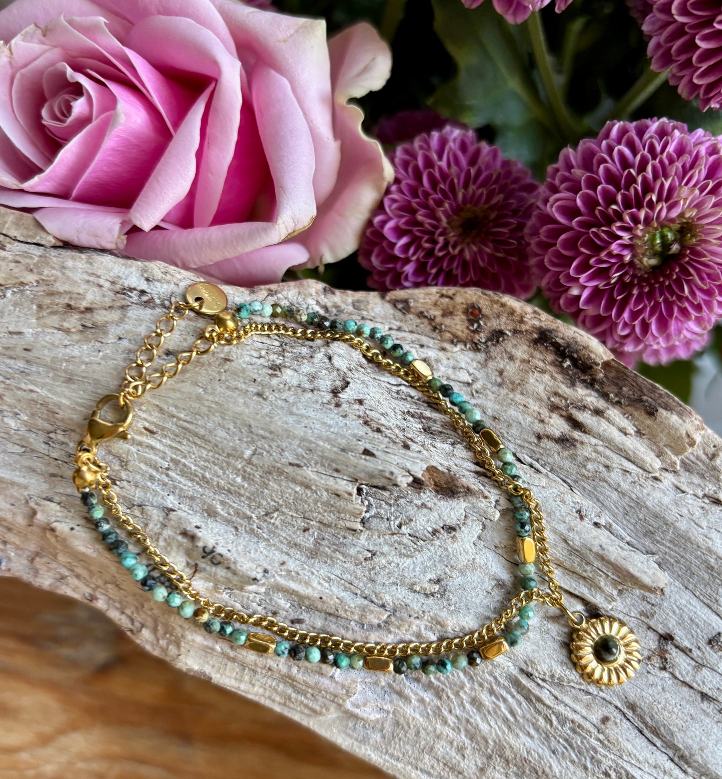 18ct Gold Plated African Turquoise Sun Charm Bracelet