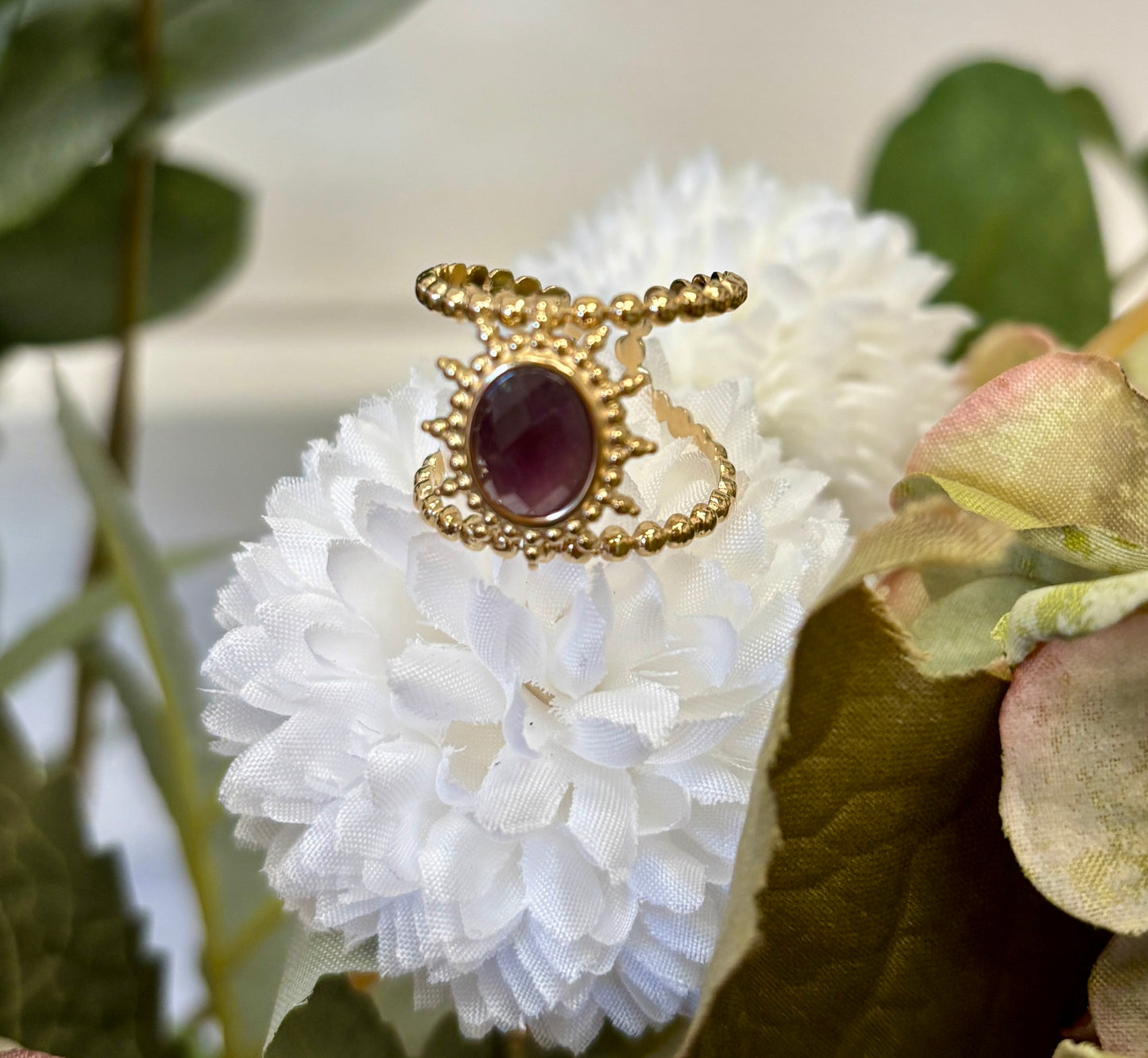 18ct Gold Plated Amethyst Sun Double Band Ring