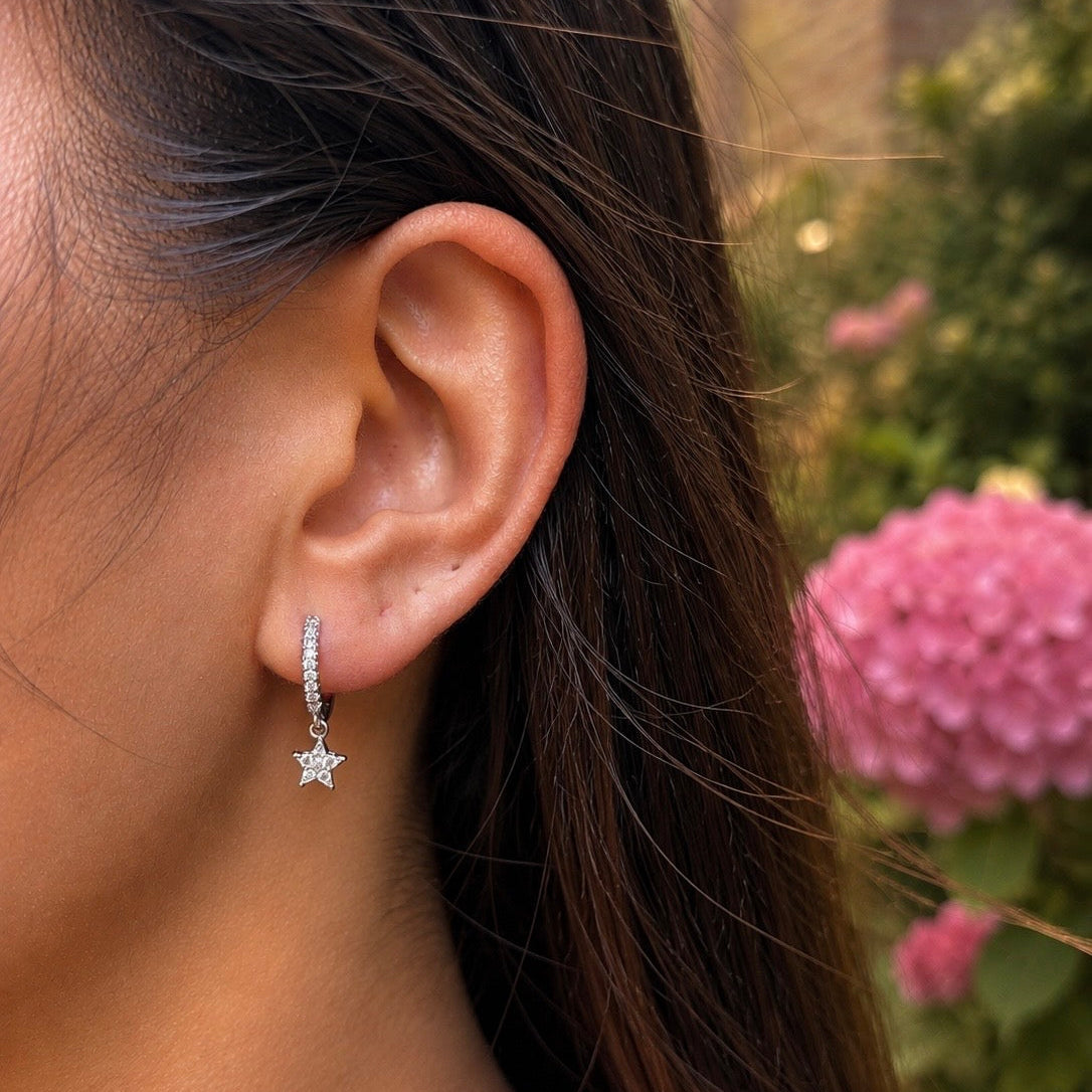 Rhodium Plated Cubic Zirconia Mini Star Huggie Earrings