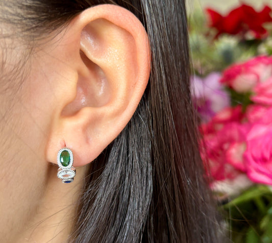 Platinum Plated 925 Sterling Silver Blue Green Cubic Zirconia Huggie Earrings