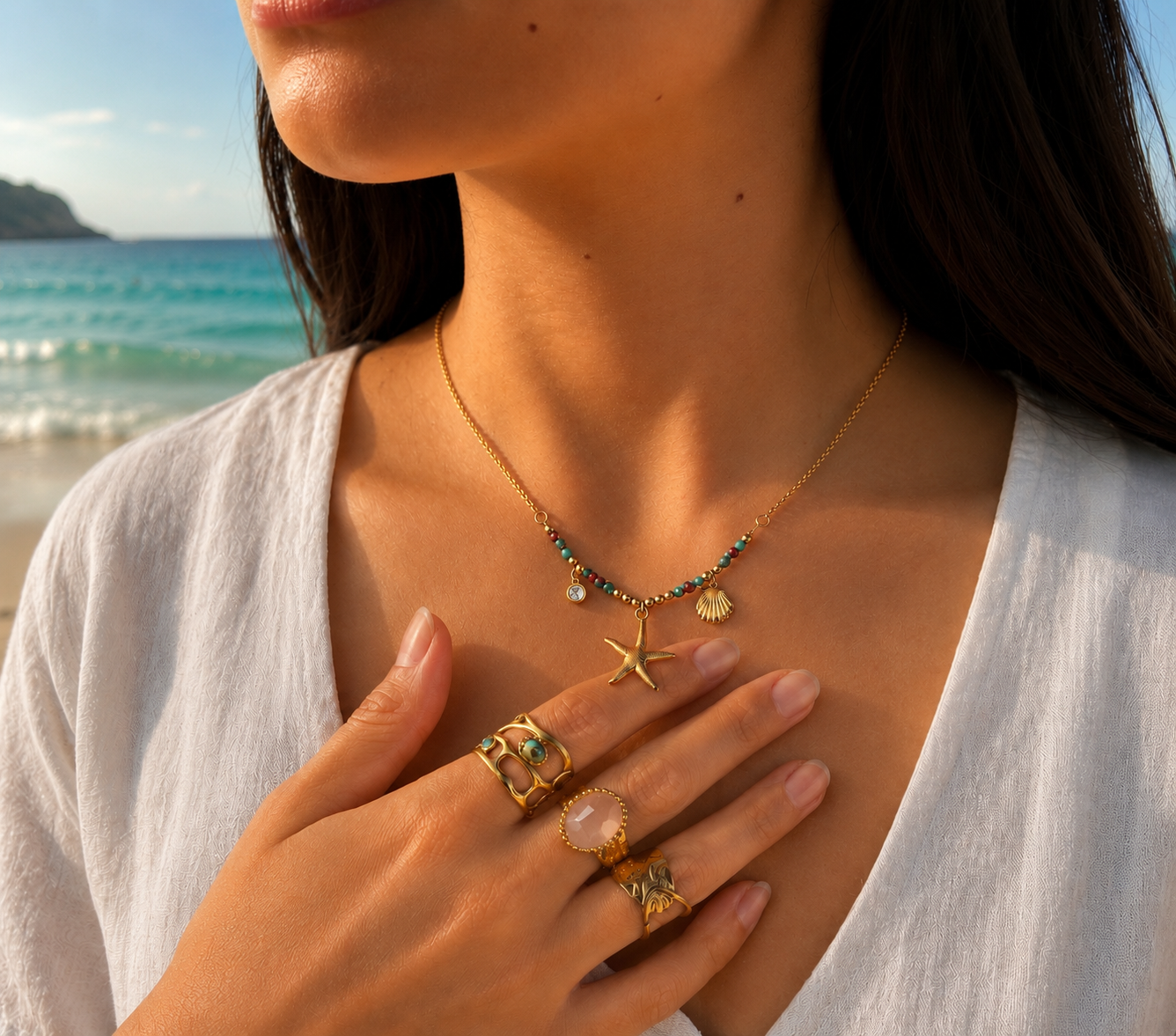 18ct Gold Plated Ocean Treasures Starfish & Shell Necklace