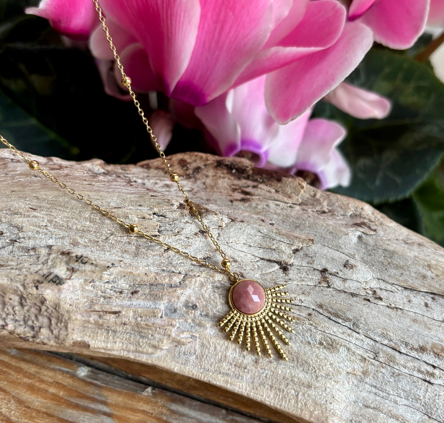 18ct Gold Plated Rhodochrosite Feather Necklace