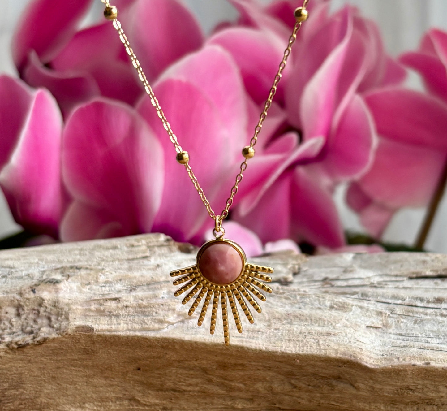 18ct Gold Plated Rhodochrosite Feather Necklace
