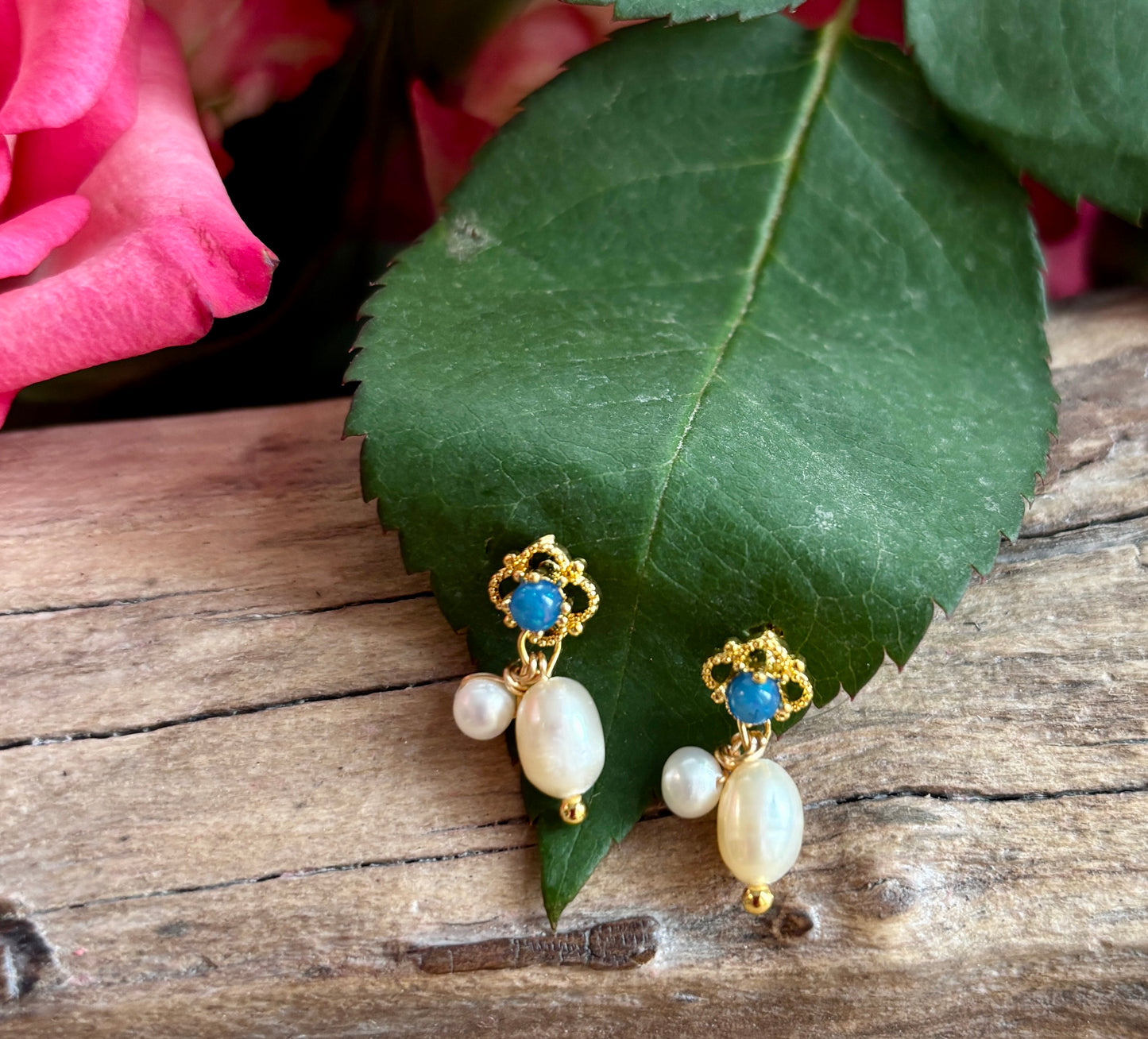14ct Gold Plated Double Fresh Water Pearl Drop Earrings